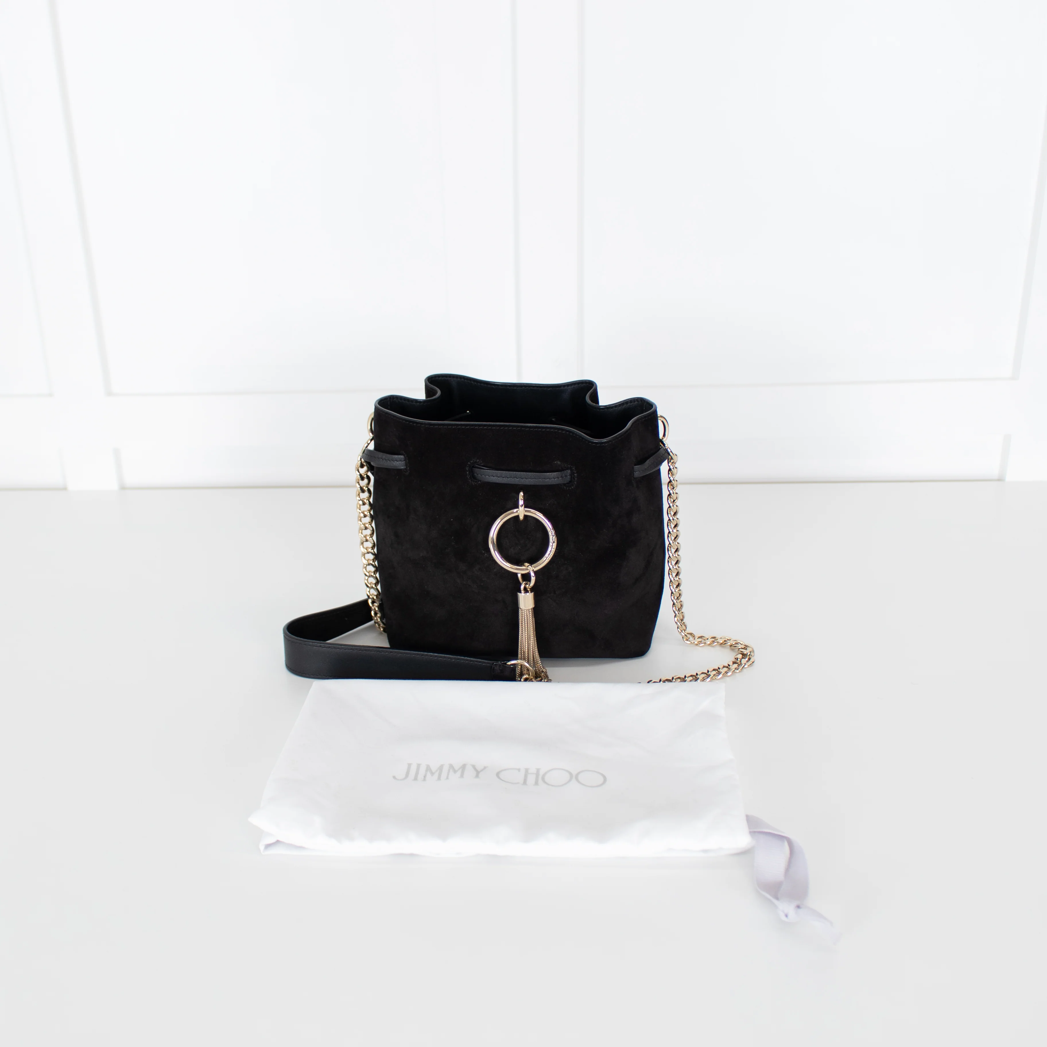 Jimmy Choo Black Suede Bucket Bag with Gold Tassel - Image 3