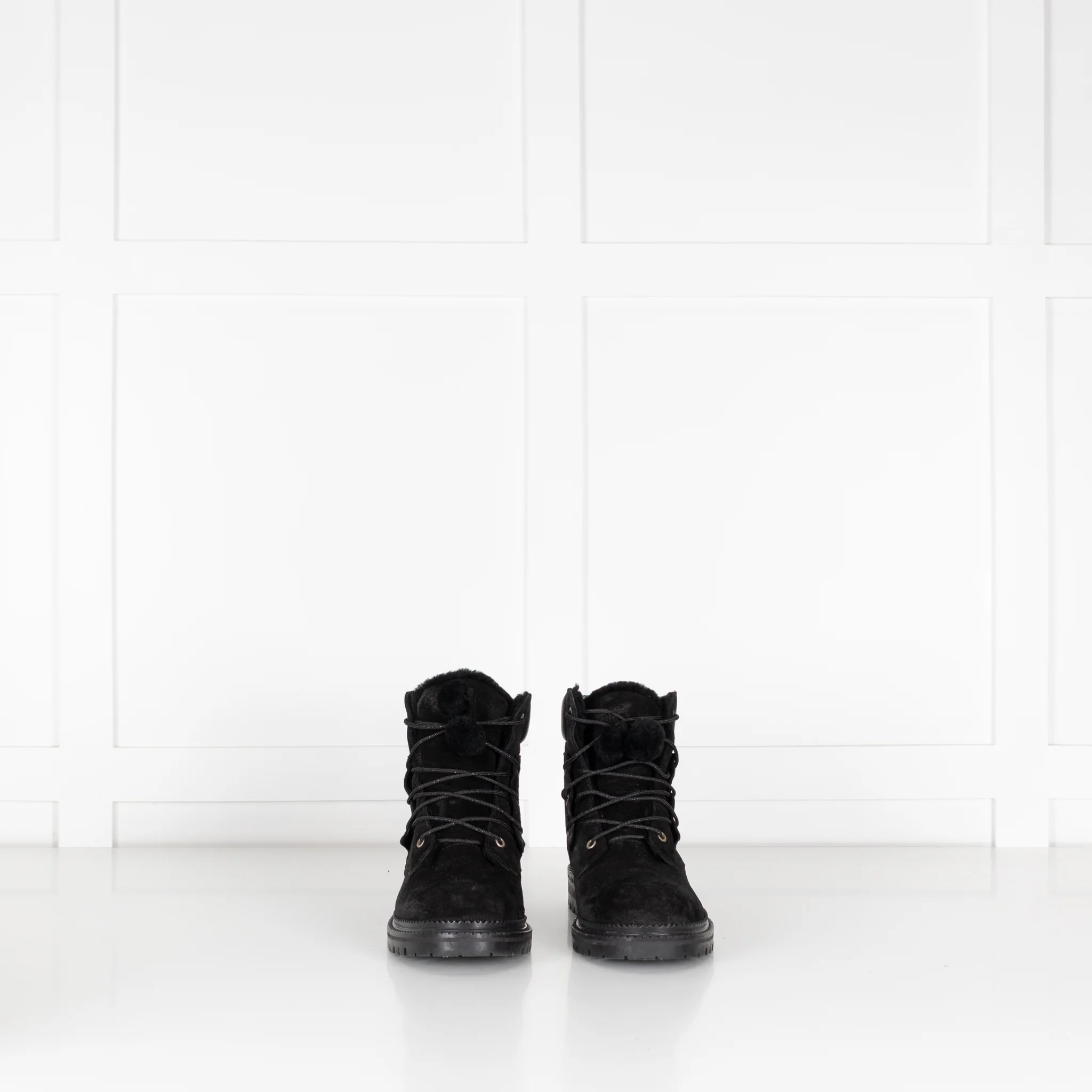 Jimmy Choo Black Suede Pom Pom Flat Boots with Shearling Lining - Image 2