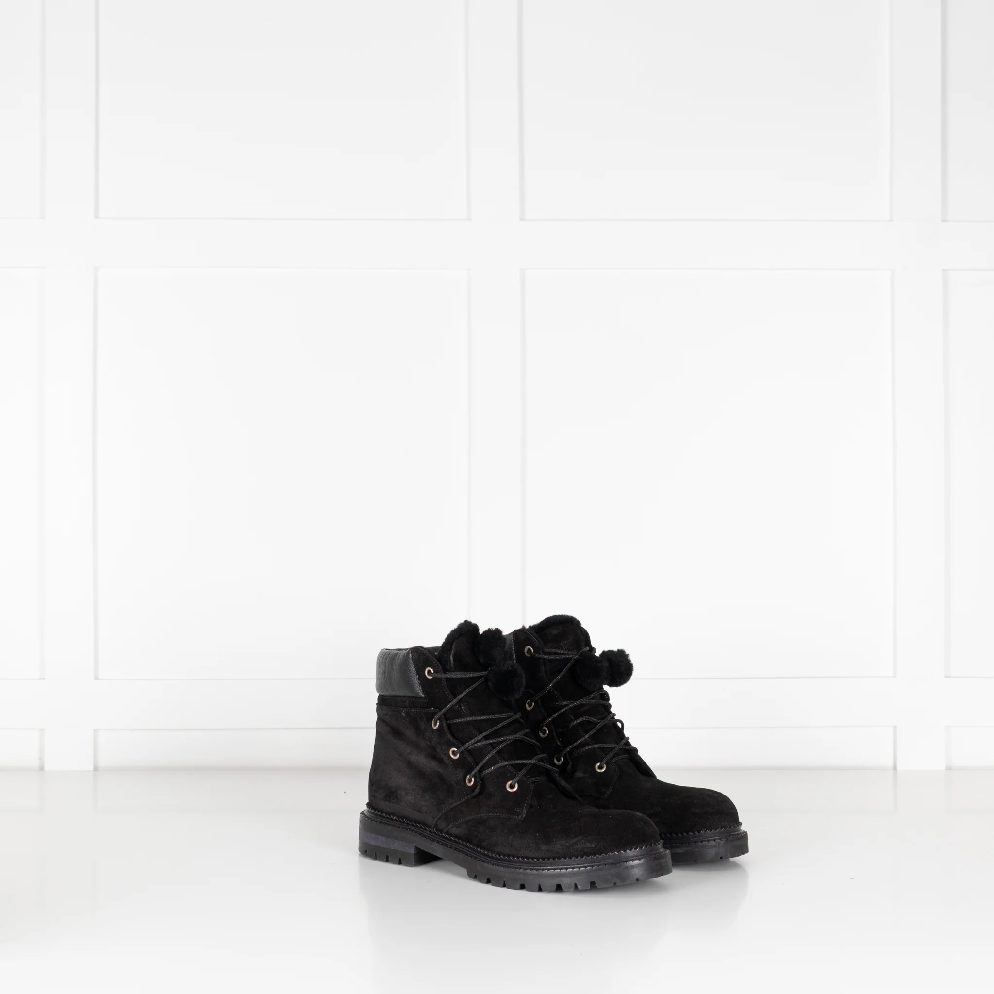 Jimmy Choo Black Suede Pom Pom Flat Boots with Shearling Lining - Image 6