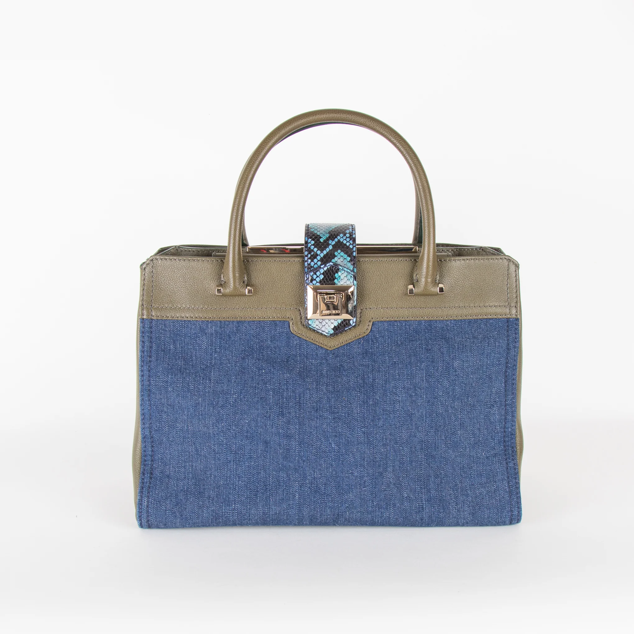Jimmy Choo Blue Denim Green Leather Trim Tote Bag - Image 4