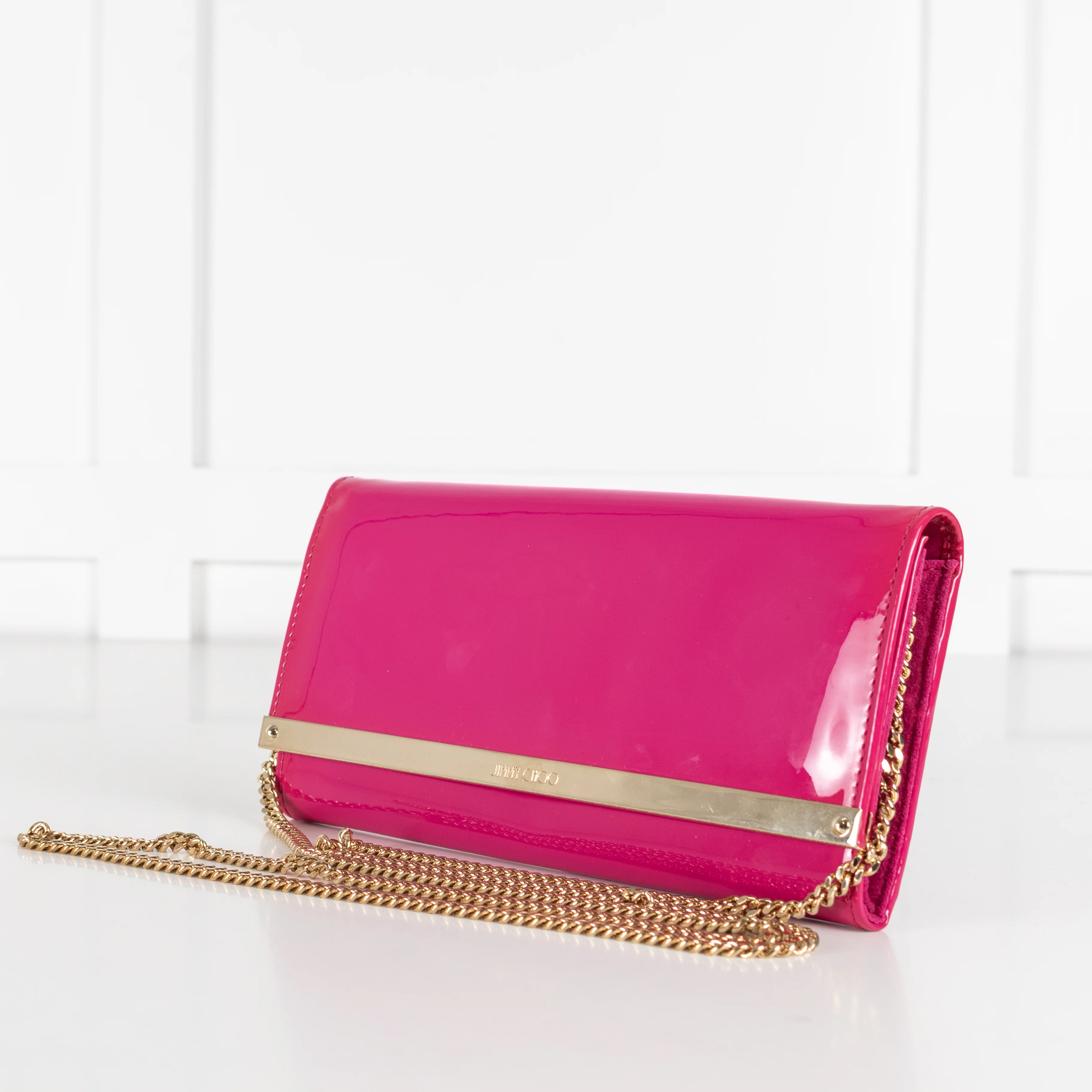 Jimmy Choo Bright Pink Milla Patent Leather Gold Chain Clutch Bag - Image 10