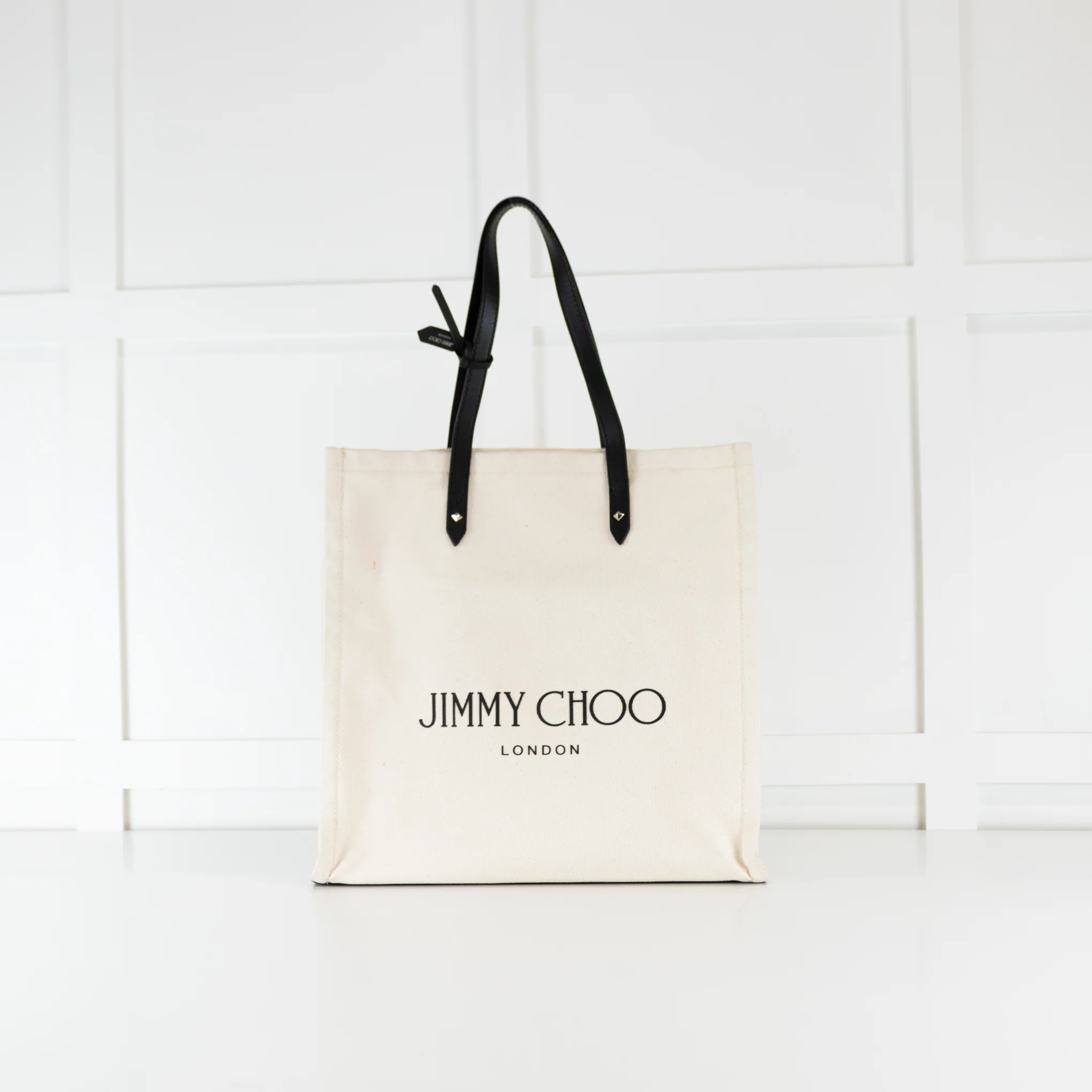 Jimmy Choo Cream Canvas Black Leather Handle Tote Bag