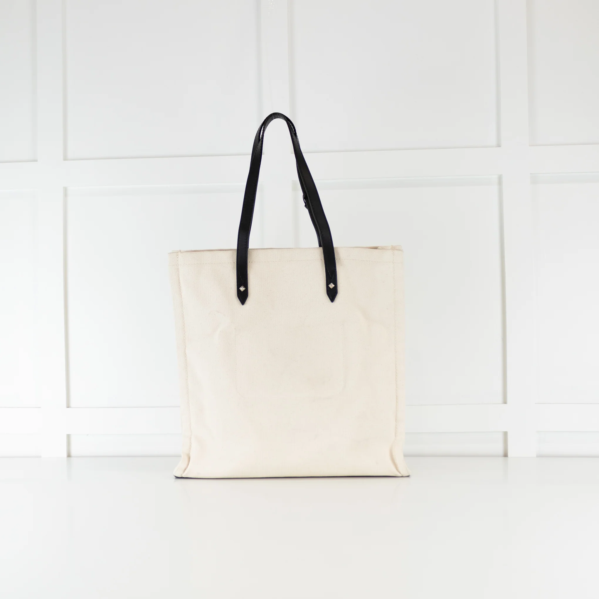 Jimmy Choo Cream Canvas Black Leather Handle Tote Bag - Image 4
