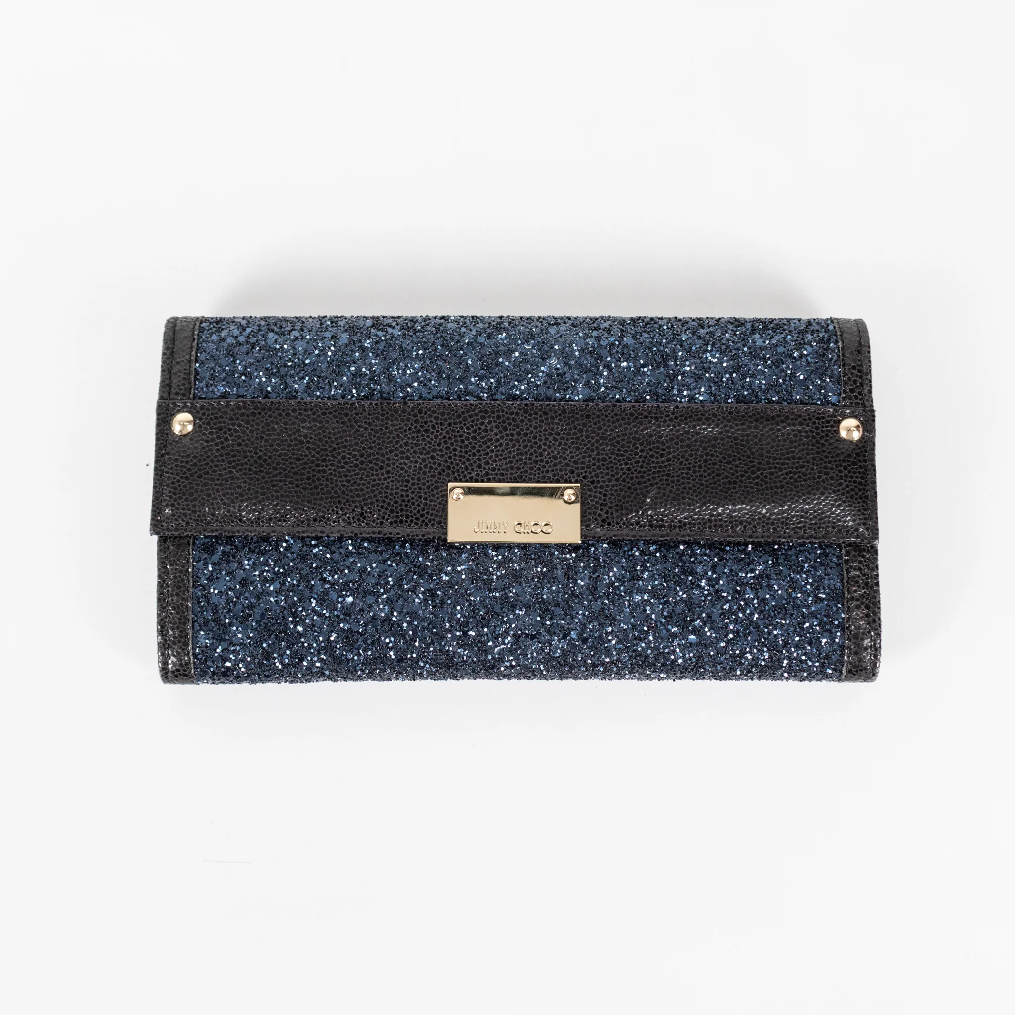 Jimmy Choo Navy Blue Glitter Black Leather Trim Clutch Bag - Image 4