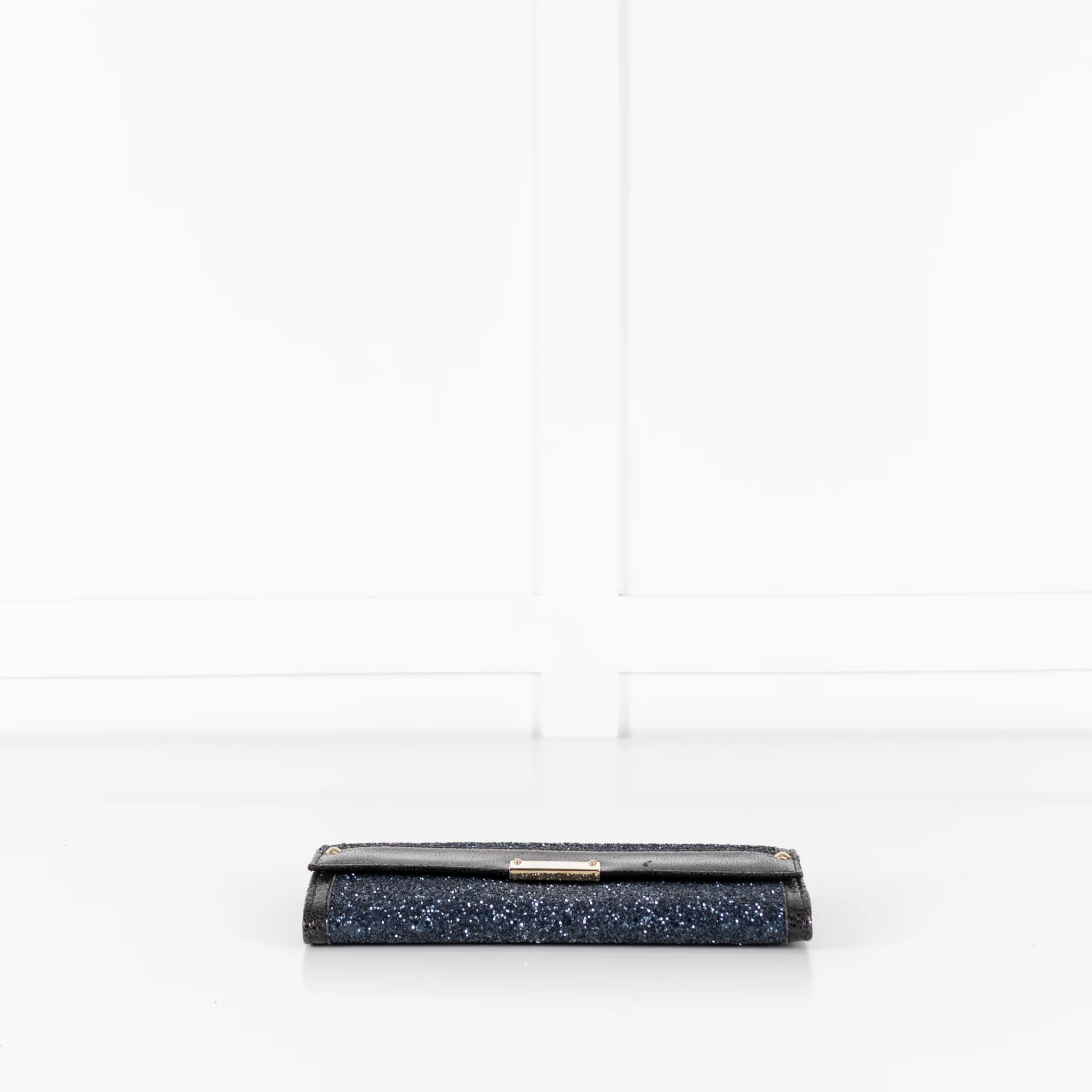Jimmy Choo Navy Blue Glitter Black Leather Trim Clutch Bag - Image 5