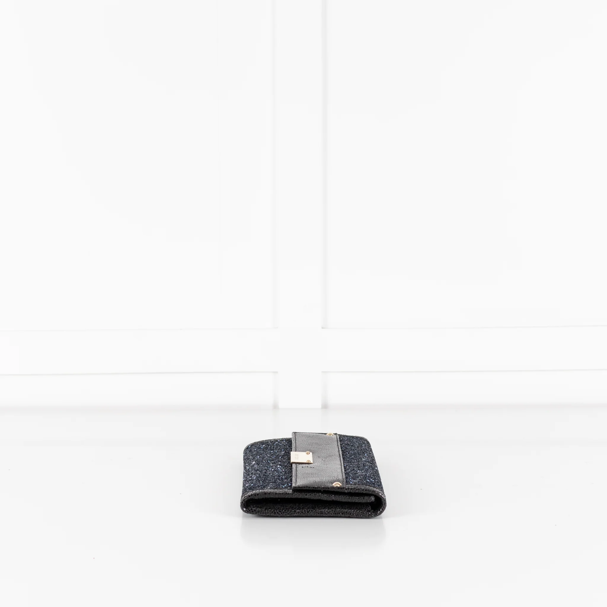 Jimmy Choo Navy Blue Glitter Black Leather Trim Clutch Bag - Image 6