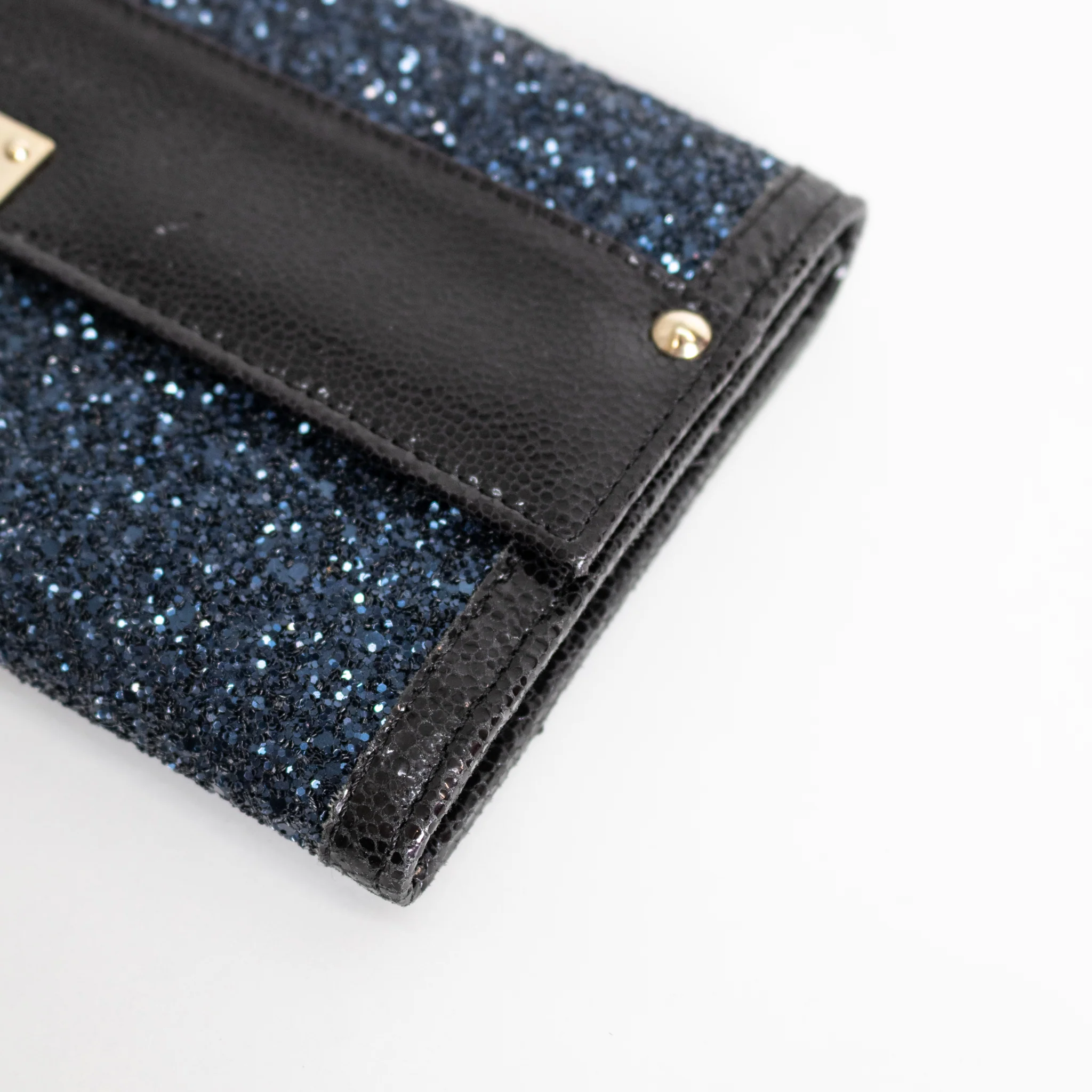 Jimmy Choo Navy Blue Glitter Black Leather Trim Clutch Bag - Image 7