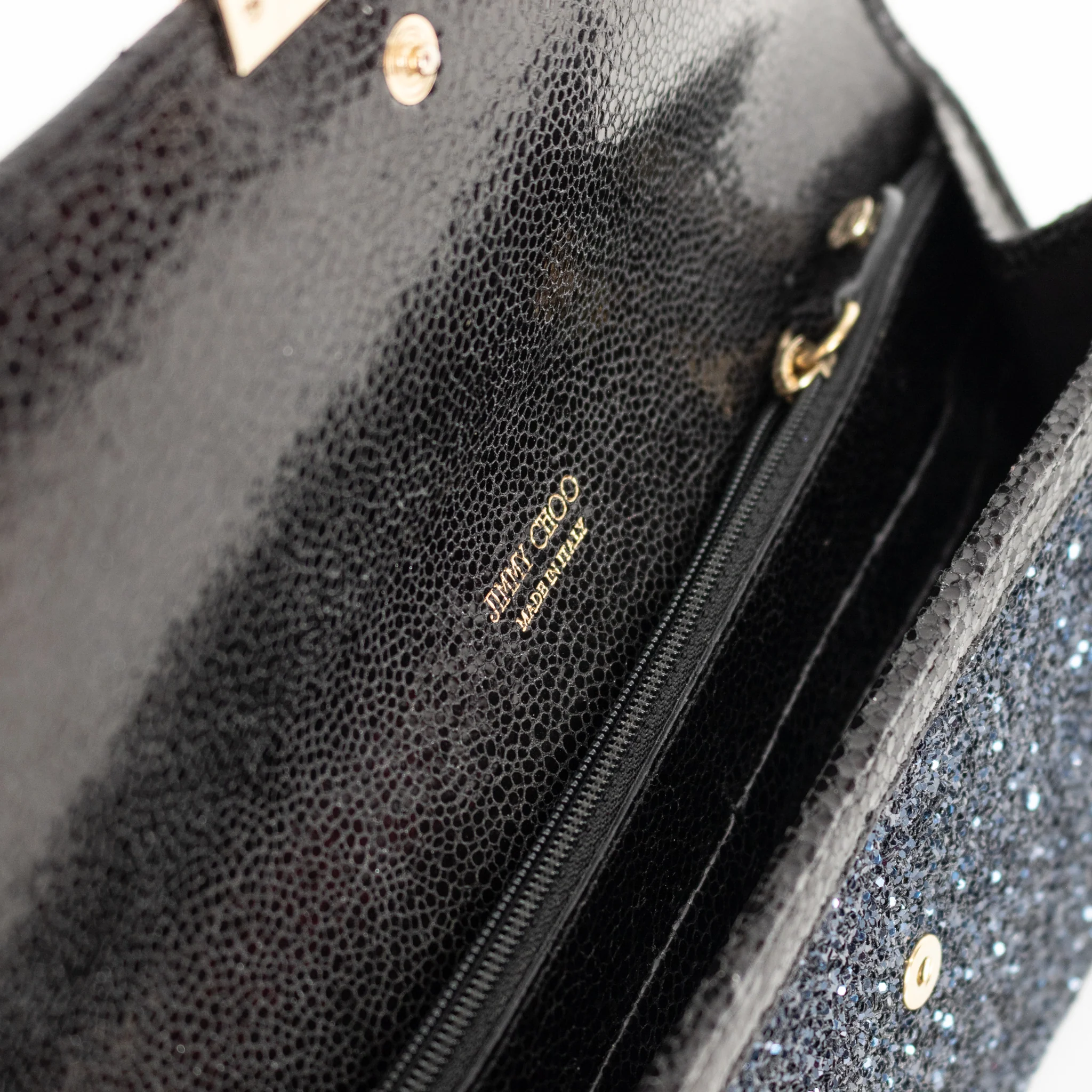Jimmy Choo Navy Blue Glitter Black Leather Trim Clutch Bag - Image 8