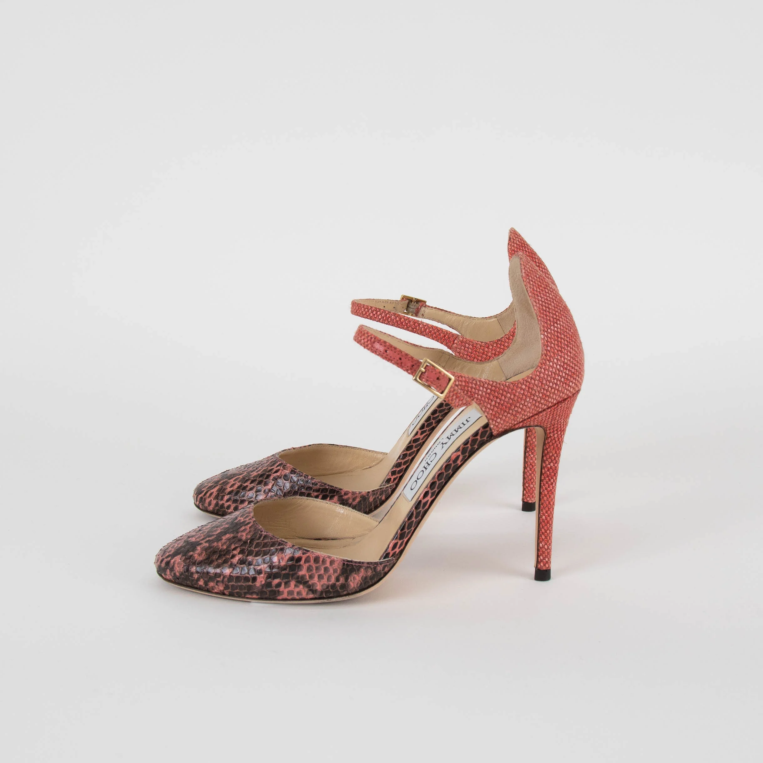 Jimmy Choo Salmon Snake Embossed Fabric Heeled Shoes - Image 3