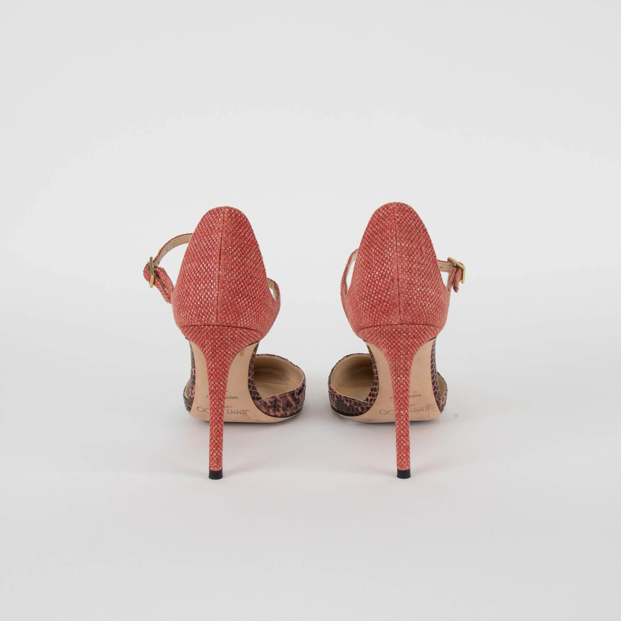 Jimmy Choo Salmon Snake Embossed Fabric Heeled Shoes - Image 4