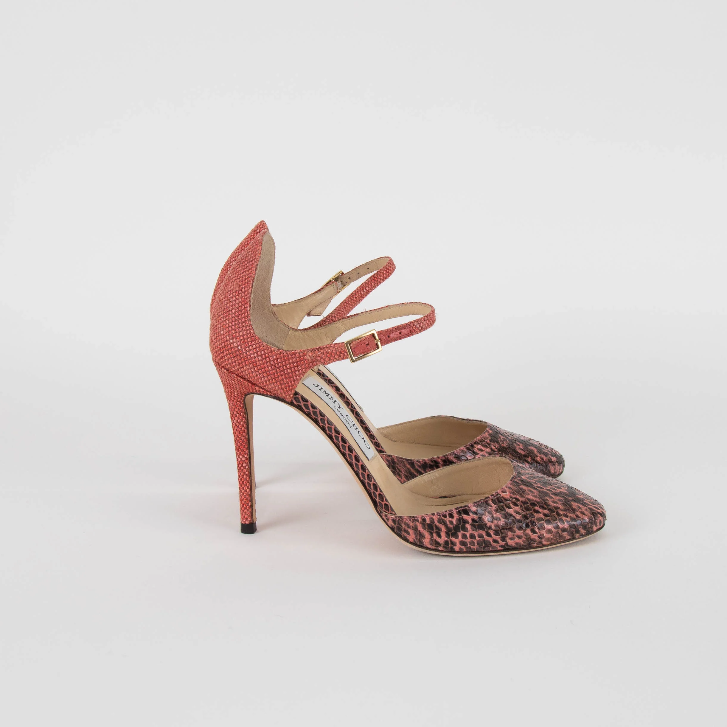 Jimmy Choo Salmon Snake Embossed Fabric Heeled Shoes - Image 5