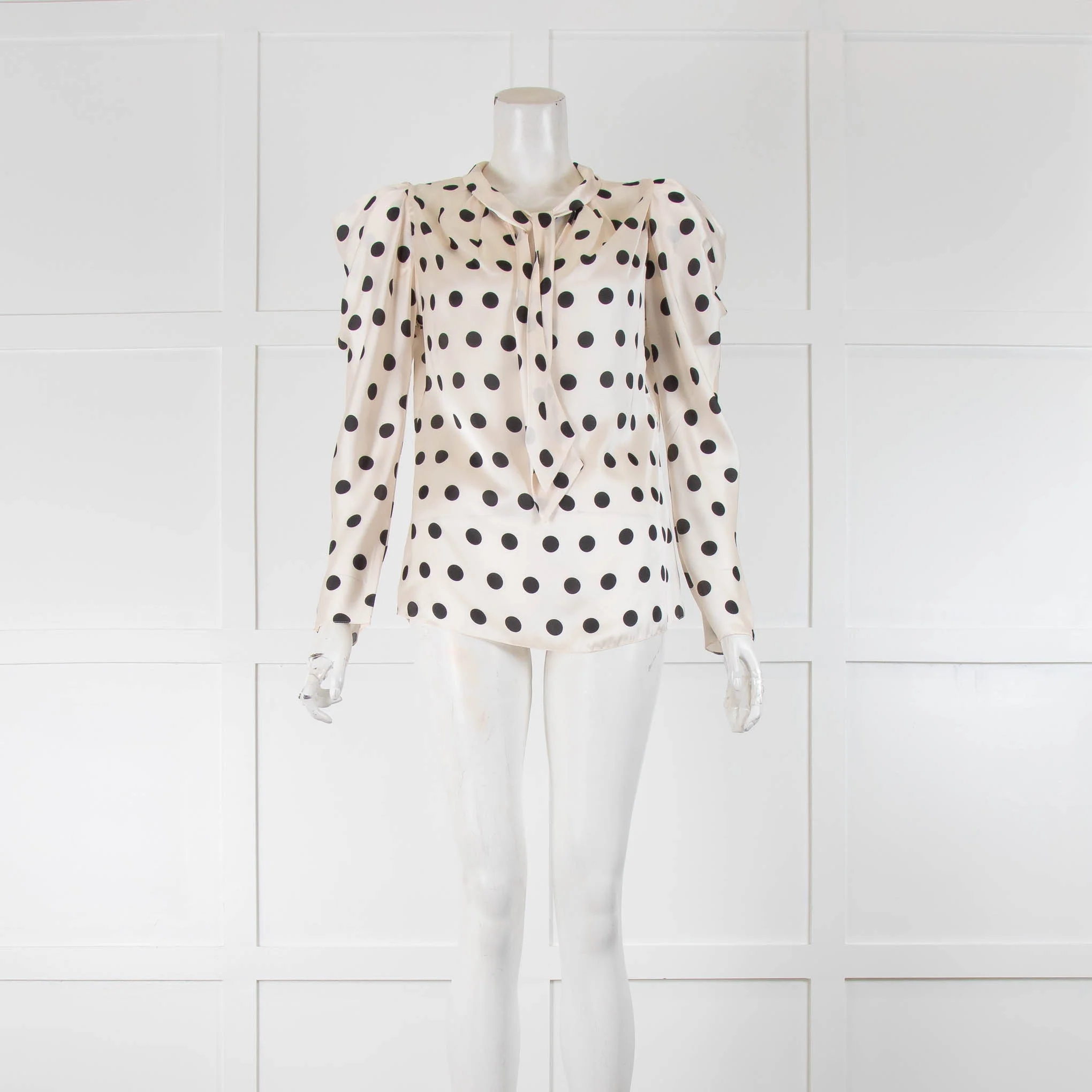 Johanna Ortiz Cream Black Polka Dot Tie Neck Blouse
