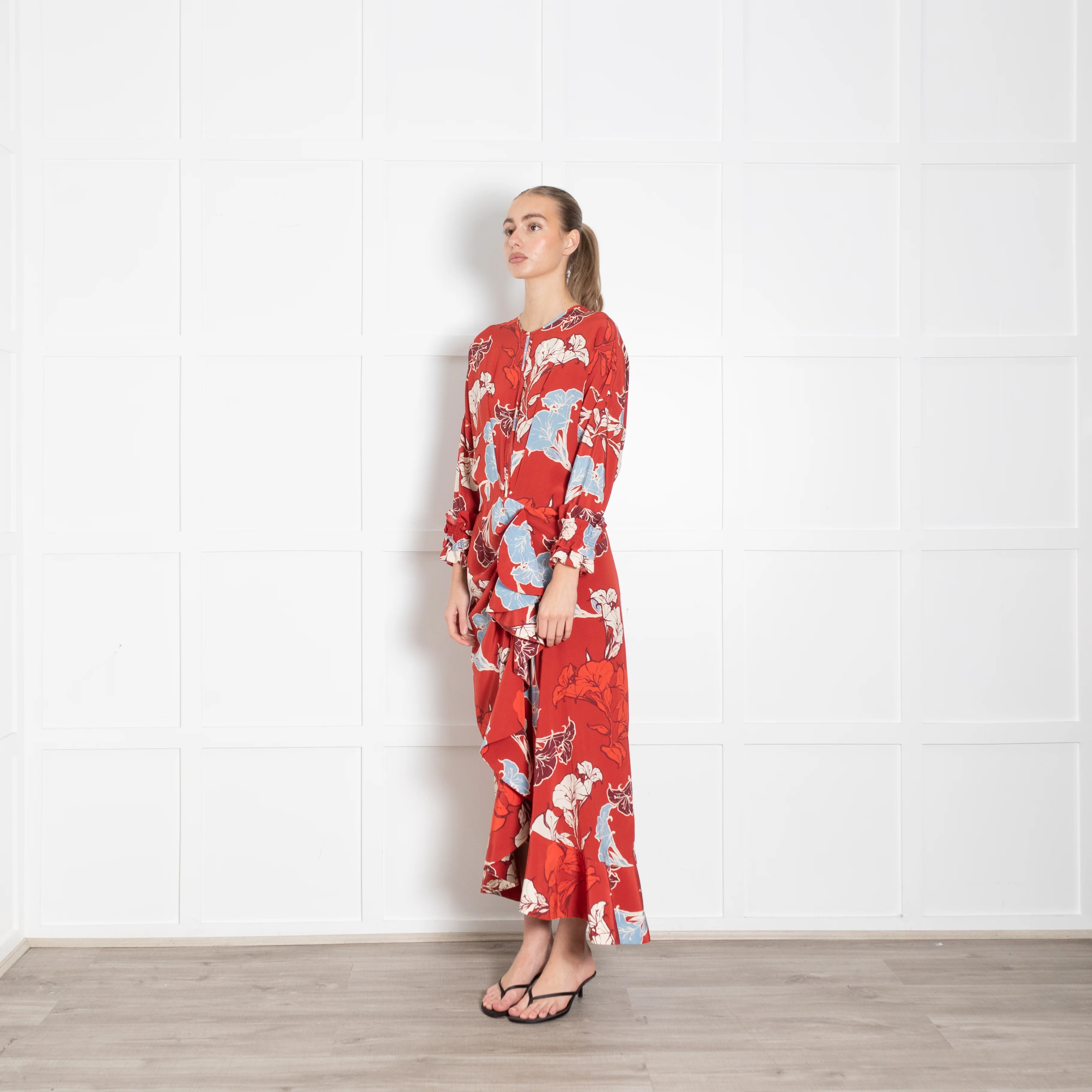 Johanna Ortiz Red Cream Blue Floral Ruffle Detail Silk Dress - Image 3
