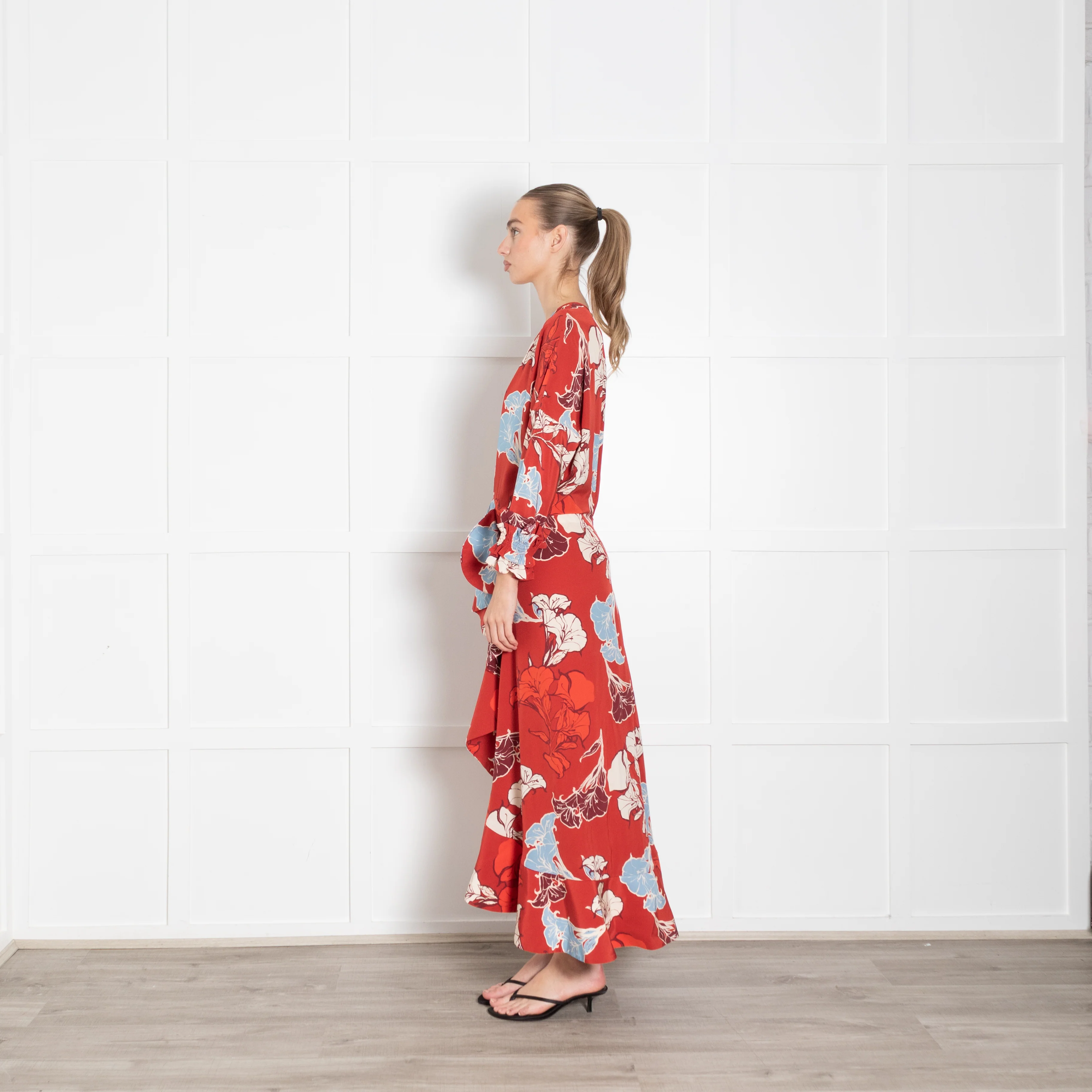 Johanna Ortiz Red Cream Blue Floral Ruffle Detail Silk Dress - Image 4