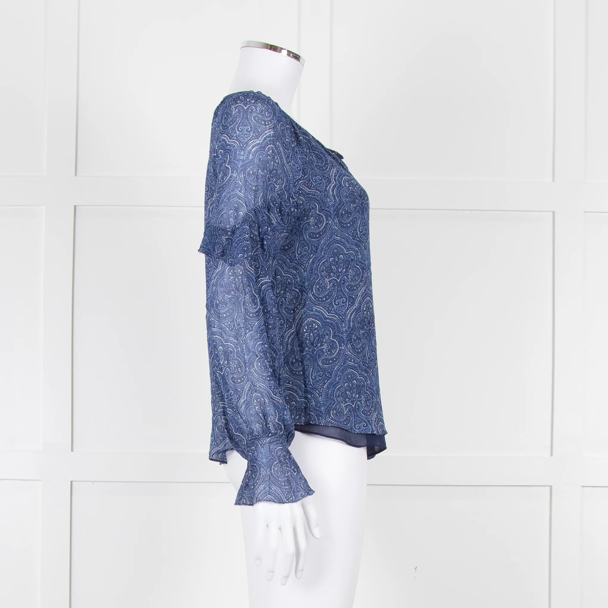 Joie Blue & White Patterned Blouse With Frill Sleeves - Image 3