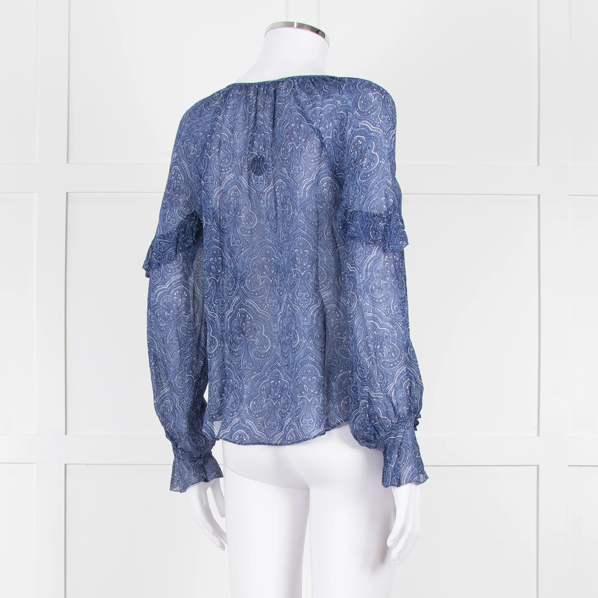 Joie Blue & White Patterned Blouse With Frill Sleeves - Image 4