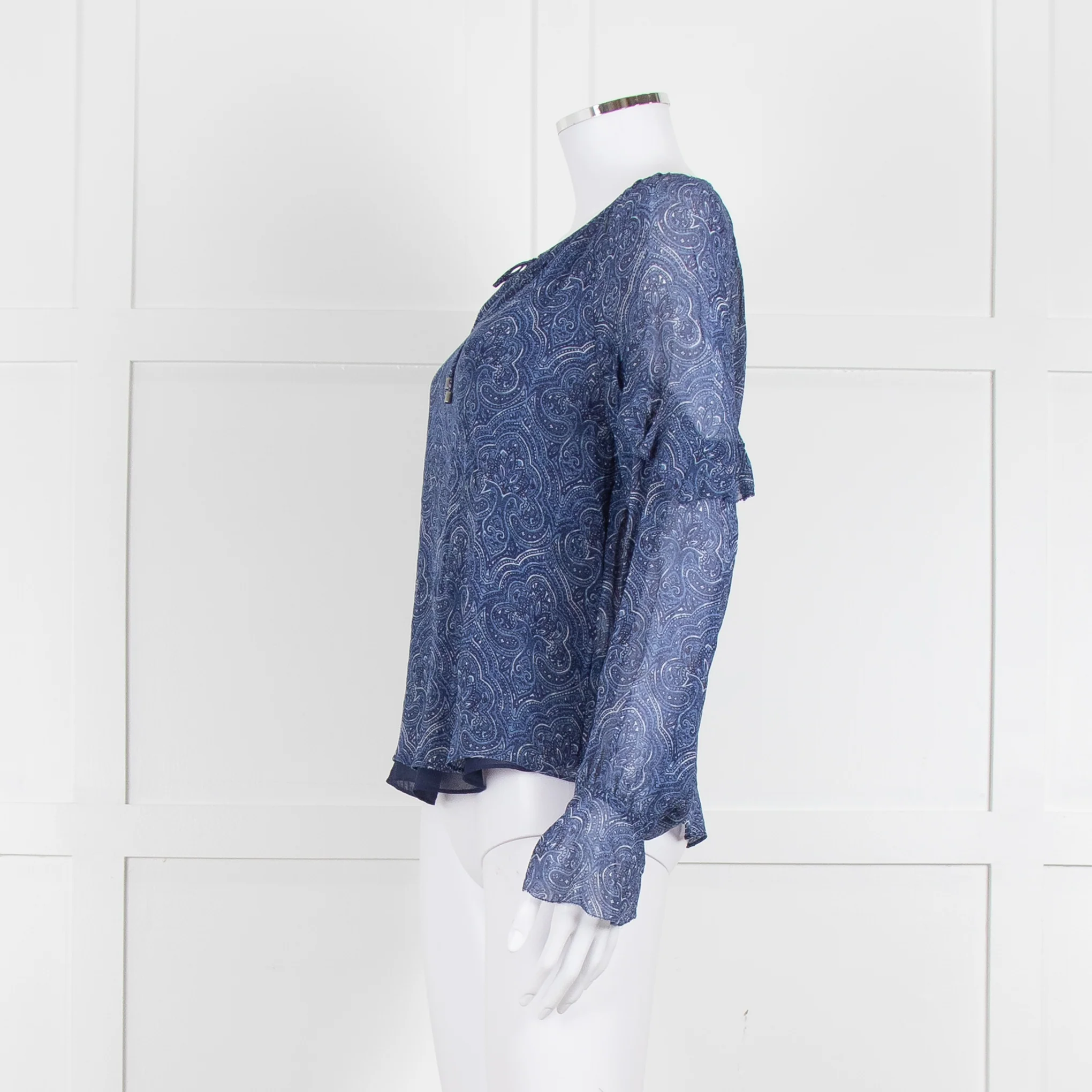 Joie Blue & White Patterned Blouse With Frill Sleeves - Image 7