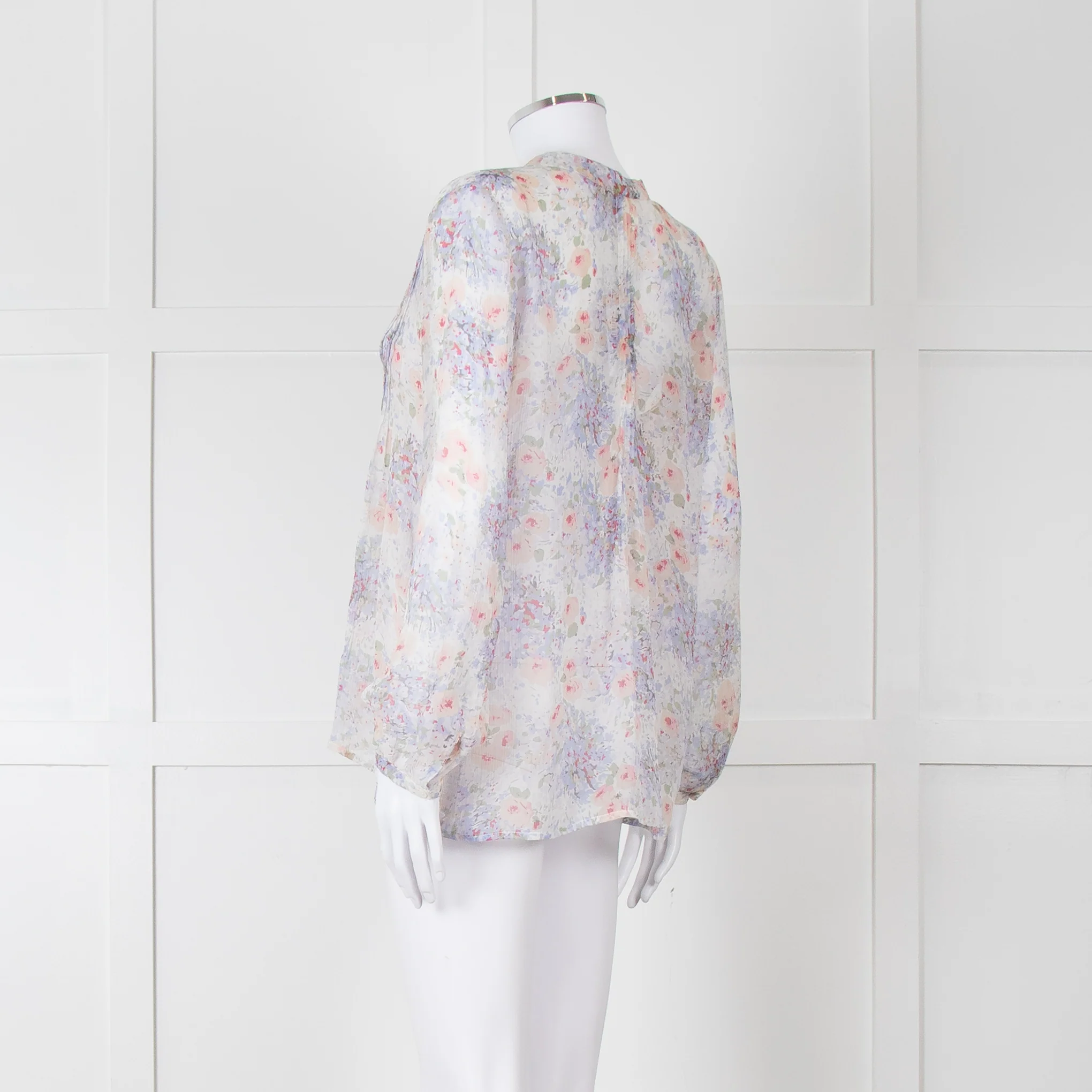 Joie Cream Pink Blue Pleats Detail Silk Top - Image 4