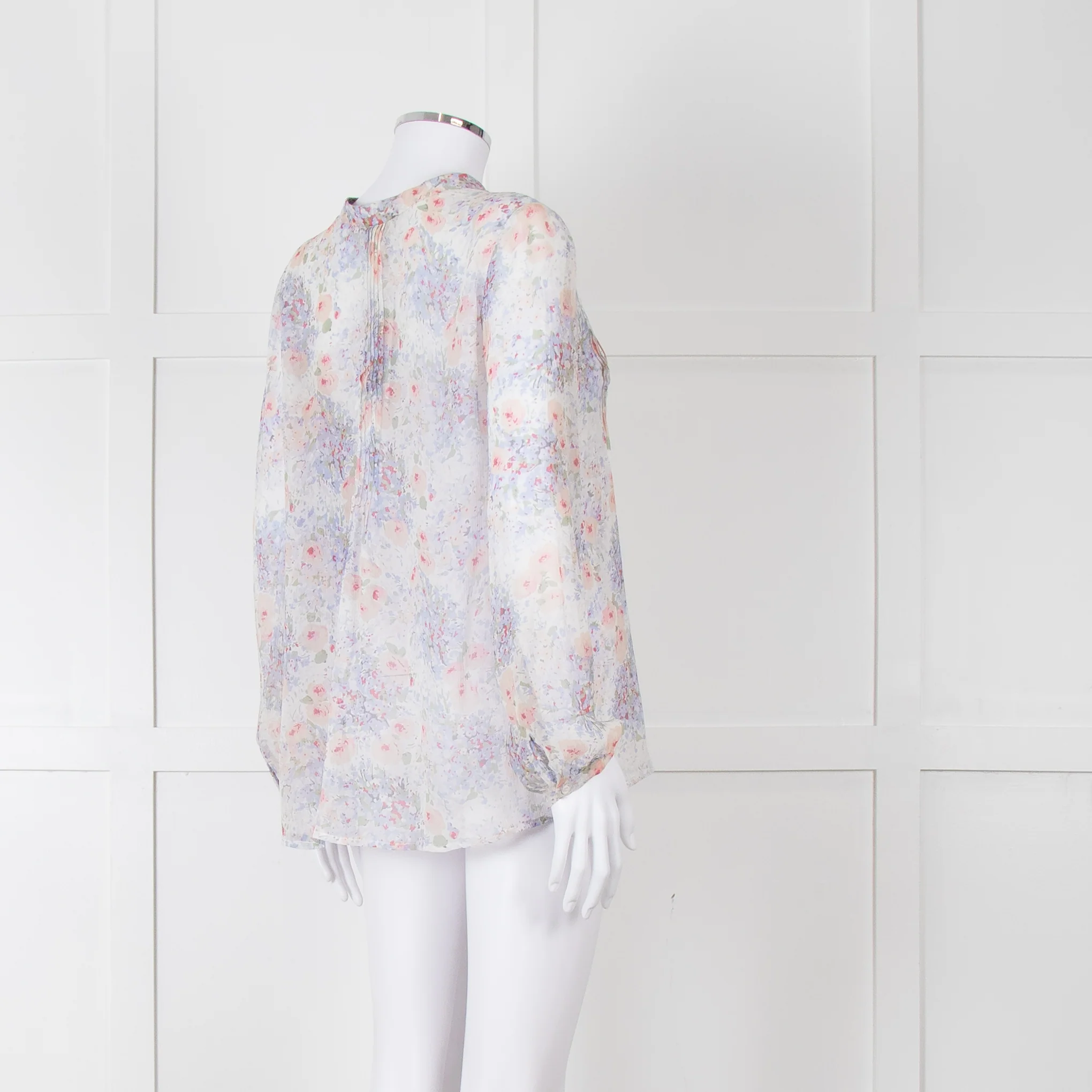 Joie Cream Pink Blue Pleats Detail Silk Top - Image 6
