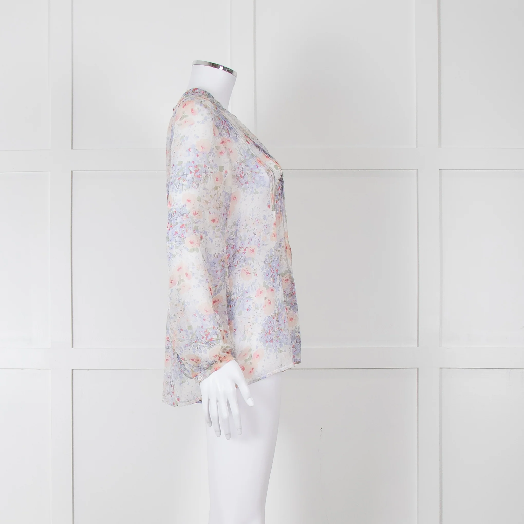 Joie Cream Pink Blue Pleats Detail Silk Top - Image 7
