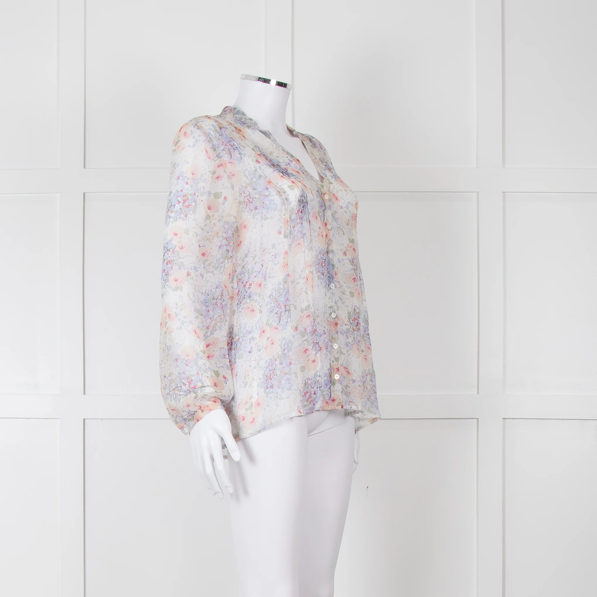 Joie Cream Pink Blue Pleats Detail Silk Top - Image 8