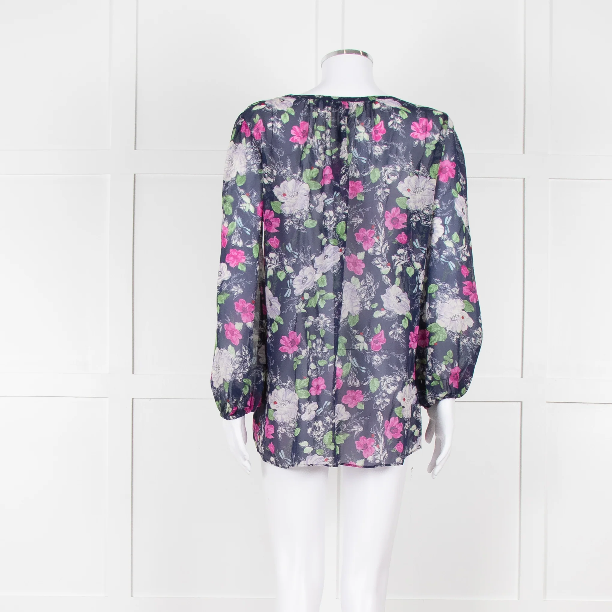 Joie Dark Blue White Pink Sheer Long Sleeve Top - Image 5