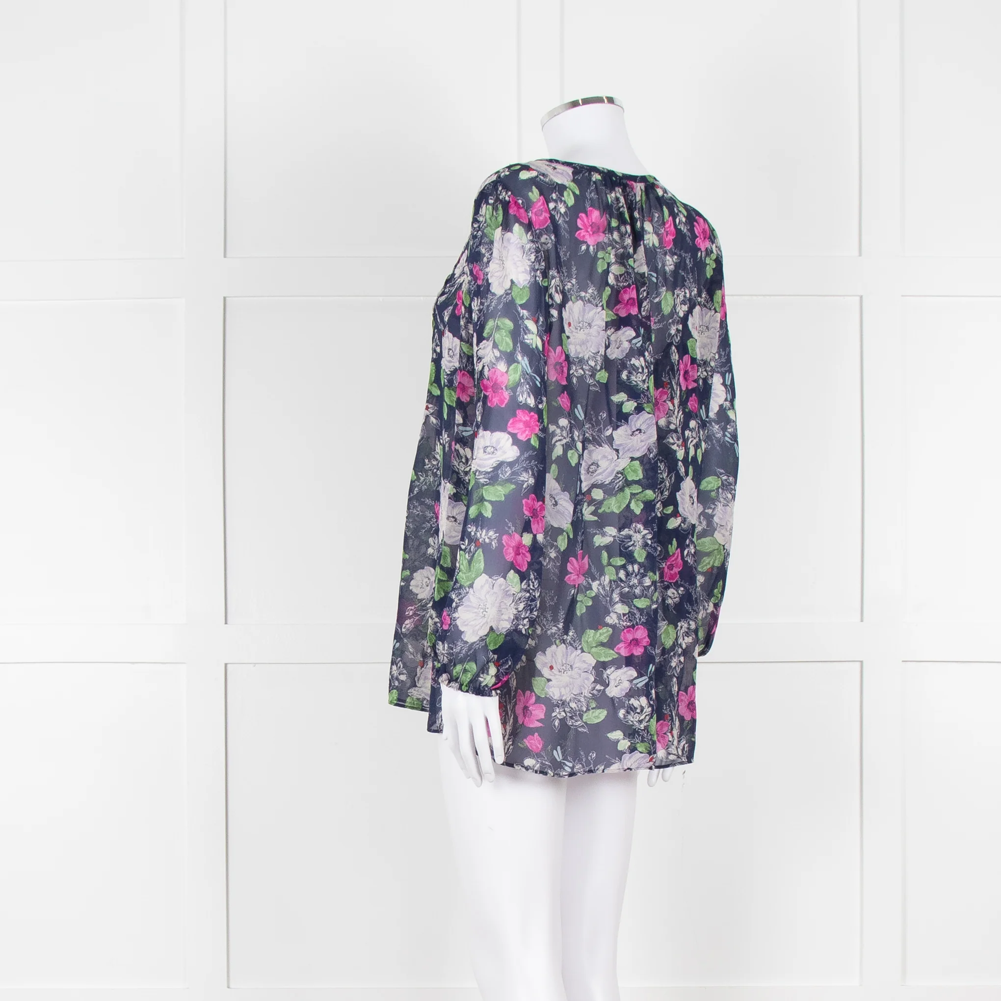 Joie Dark Blue White Pink Sheer Long Sleeve Top - Image 6