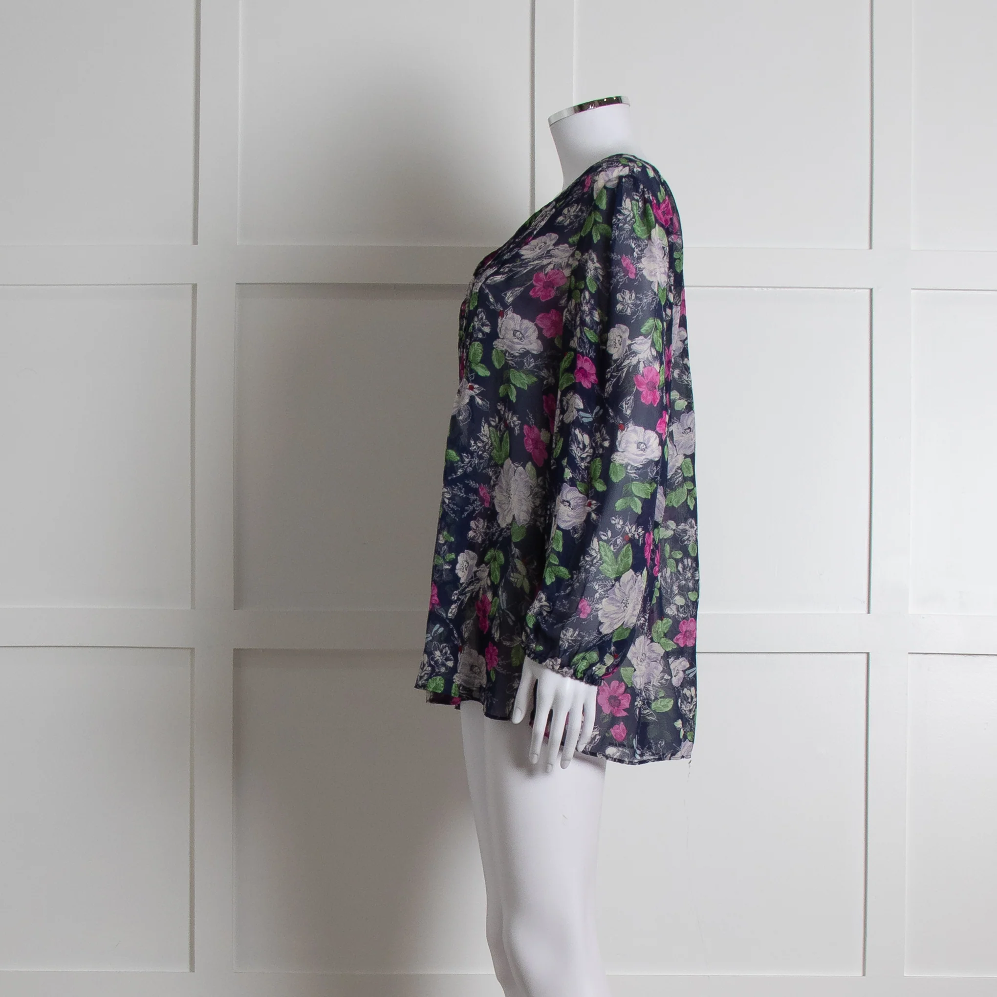 Joie Dark Blue White Pink Sheer Long Sleeve Top - Image 7