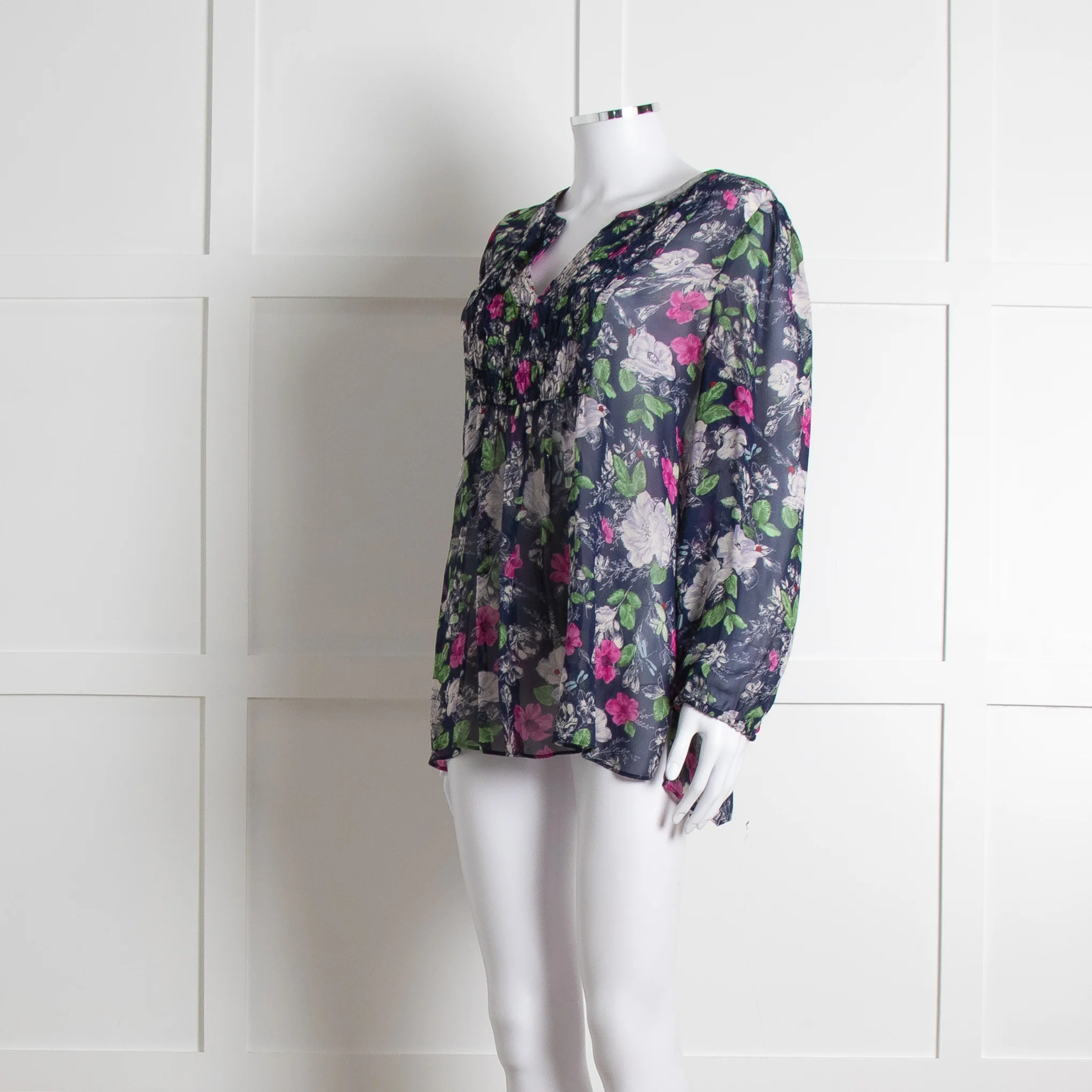 Joie Dark Blue White Pink Sheer Long Sleeve Top - Image 8