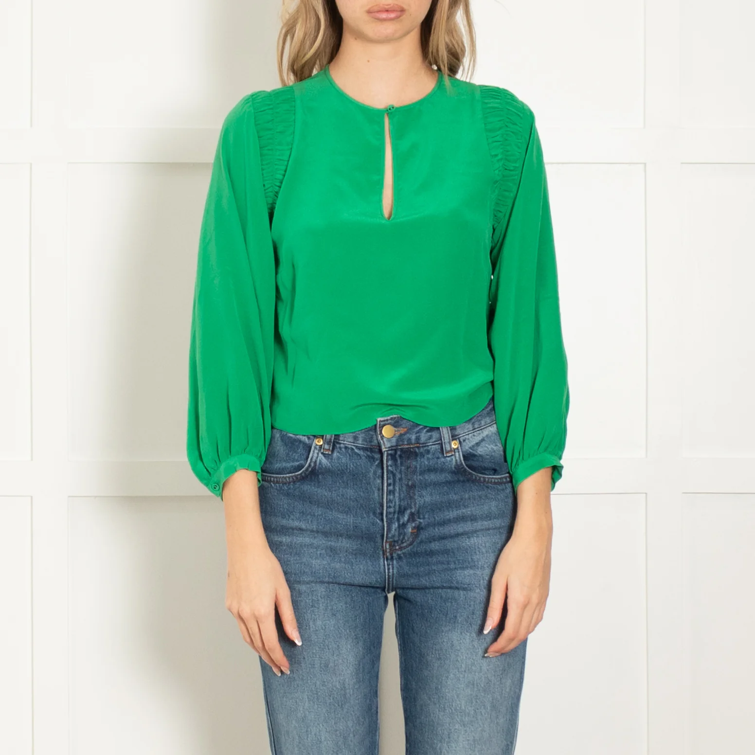 Joie Green Silk Ruched Side Detail Blouse - Image 2
