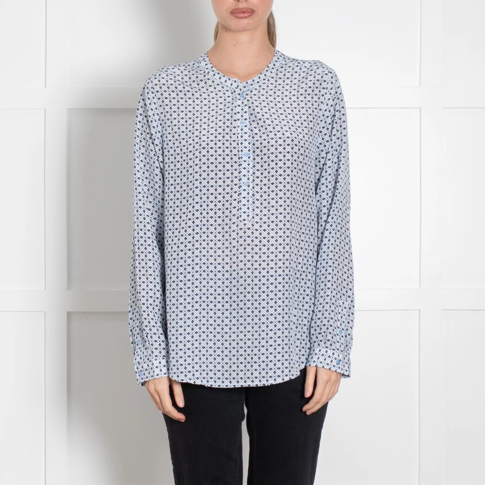 Joie Light Blue White Black Print Silk Top - Image 2