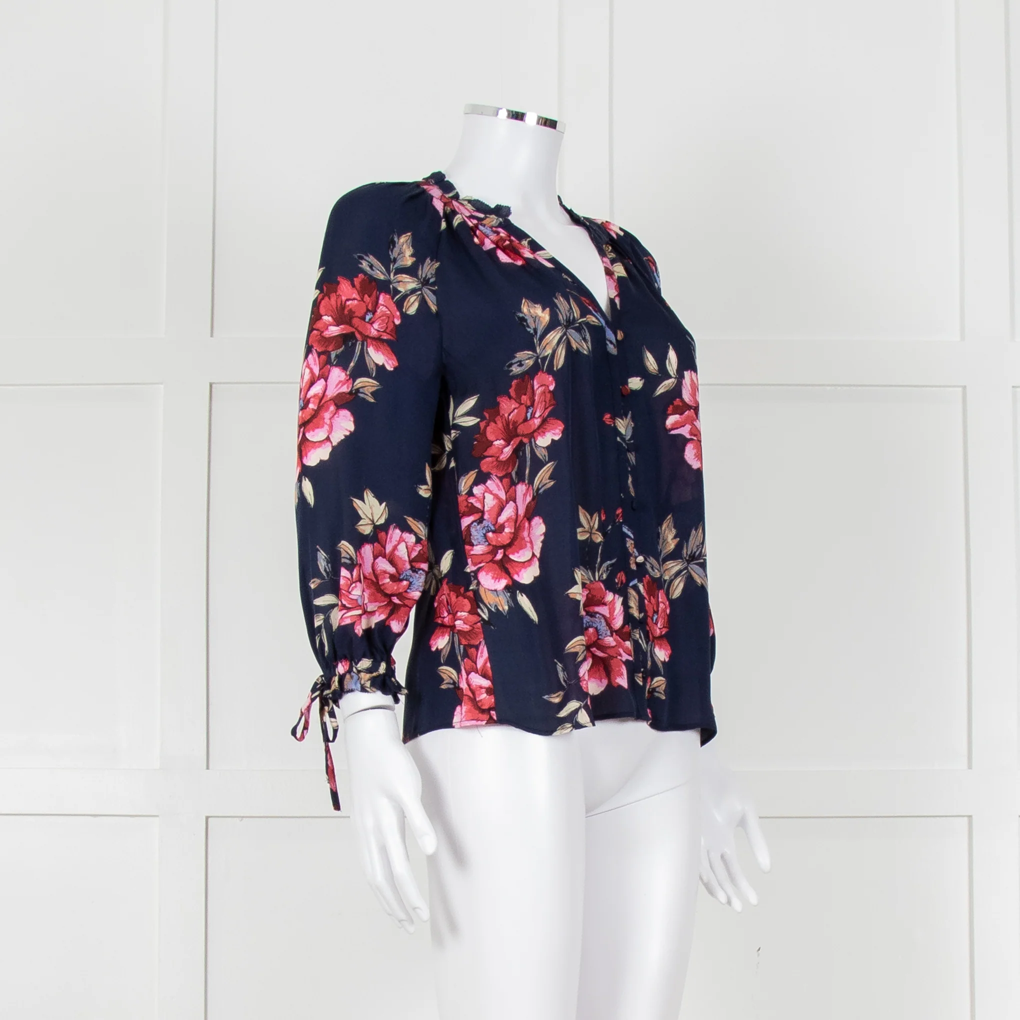 Joie Navy V Neck Pink Floral Print Blouse With Pleated Collar And Sleeves - Image 2