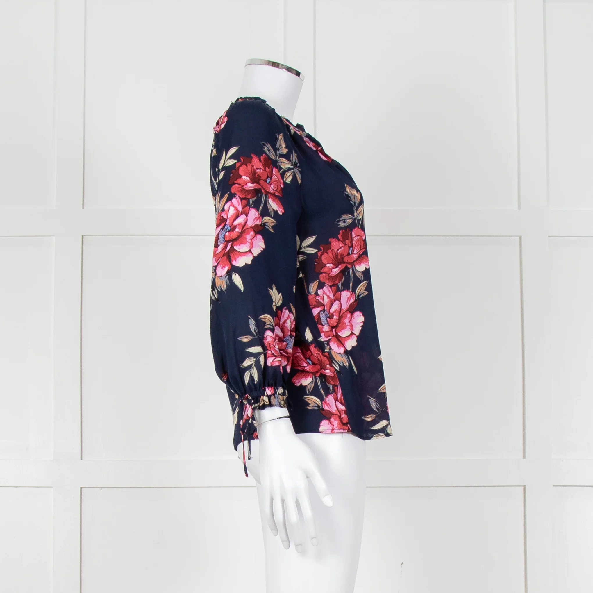 Joie Navy V Neck Pink Floral Print Blouse With Pleated Collar And Sleeves - Image 3