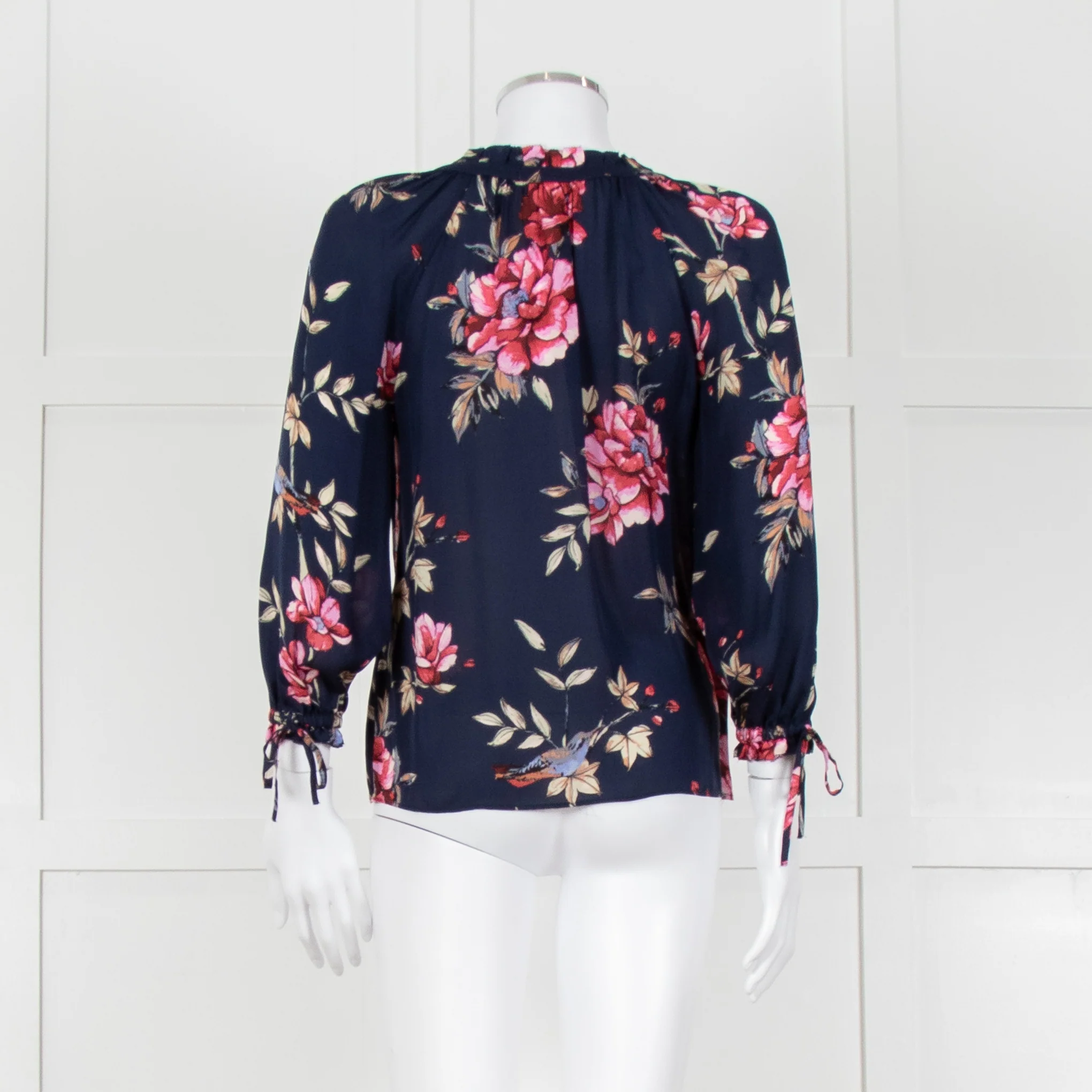 Joie Navy V Neck Pink Floral Print Blouse With Pleated Collar And Sleeves - Image 5