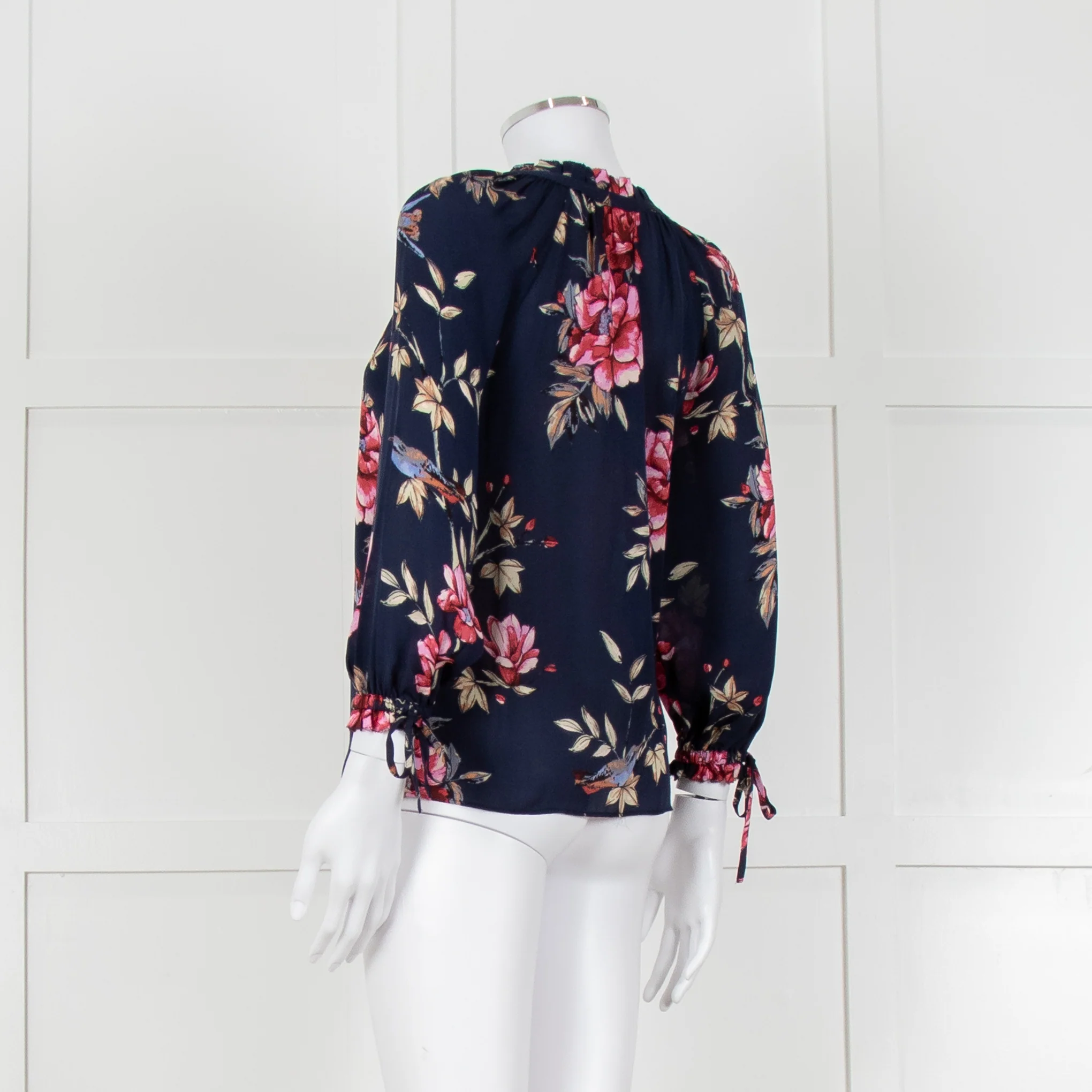 Joie Navy V Neck Pink Floral Print Blouse With Pleated Collar And Sleeves - Image 6