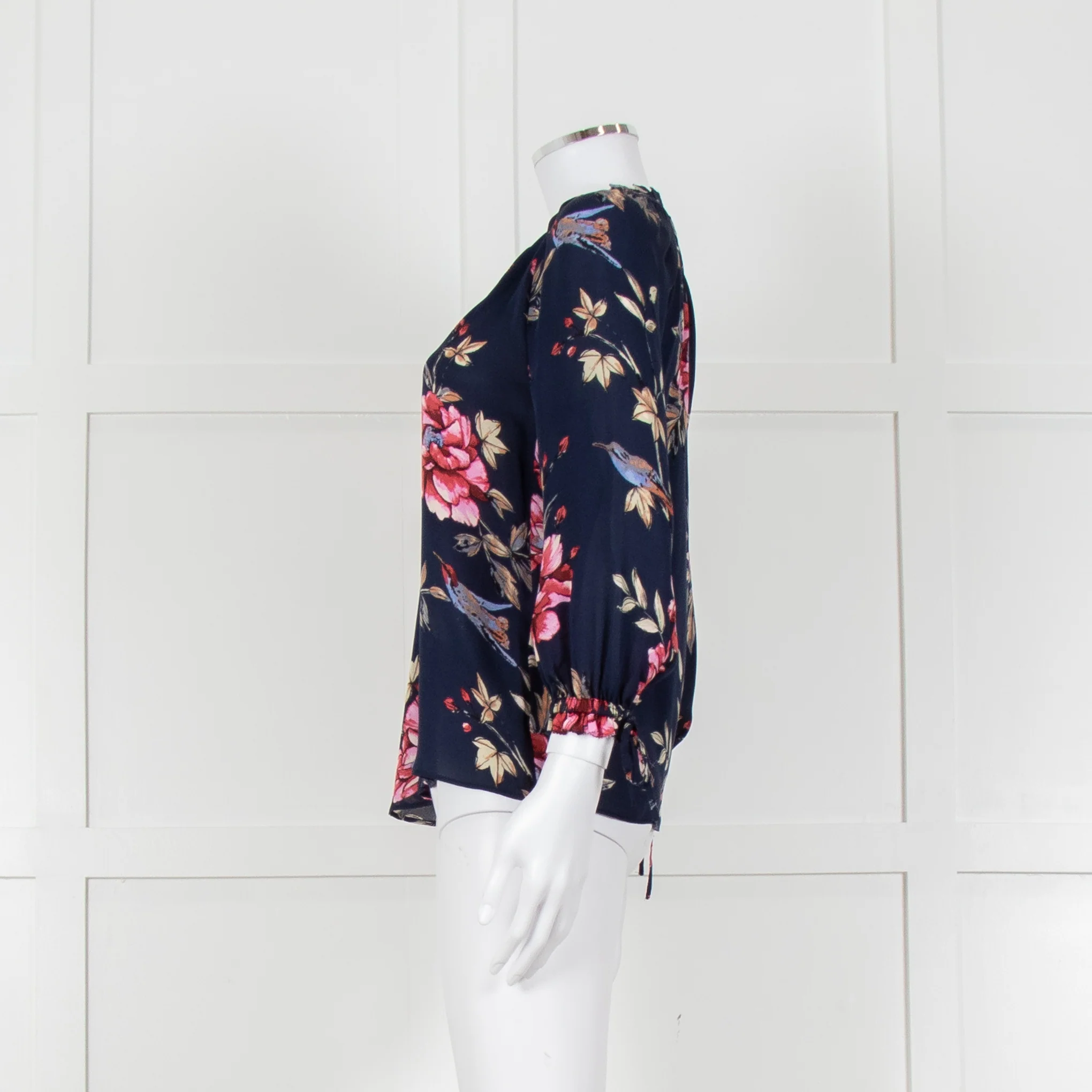Joie Navy V Neck Pink Floral Print Blouse With Pleated Collar And Sleeves - Image 7