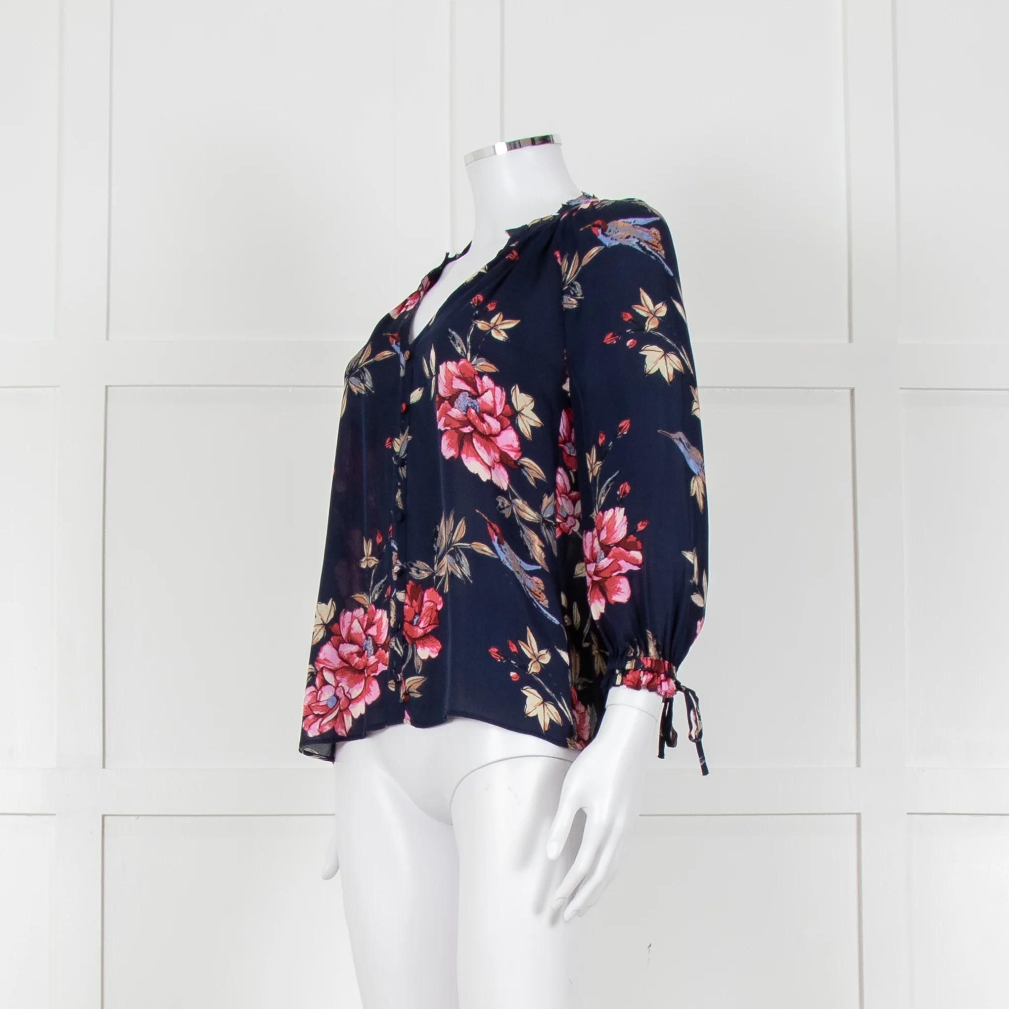 Joie Navy V Neck Pink Floral Print Blouse With Pleated Collar And Sleeves - Image 8
