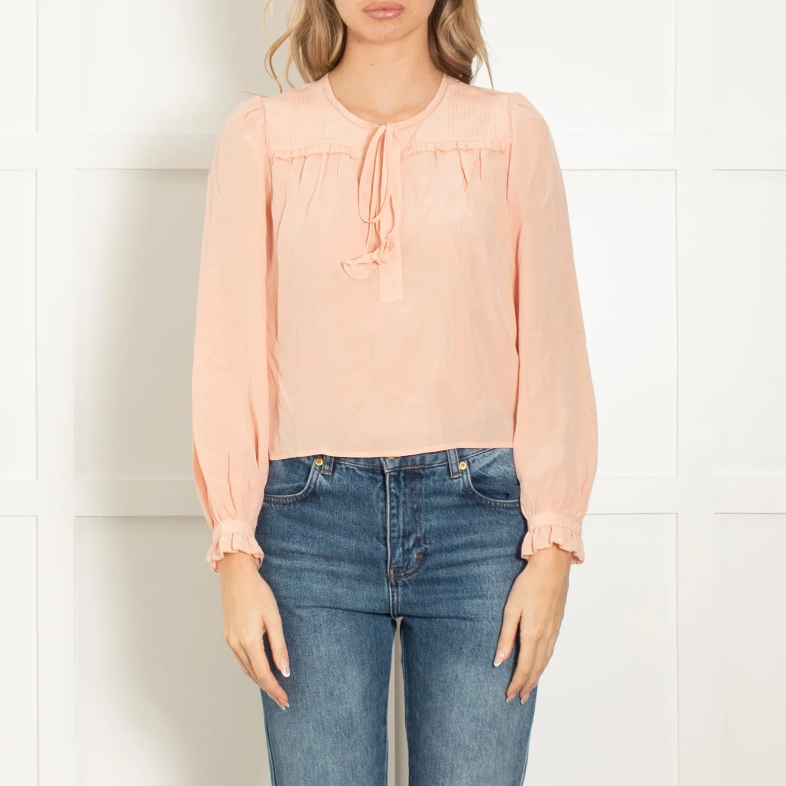 Joie Peach Silk Long Sleeve Frill Trim Blouse - Image 2