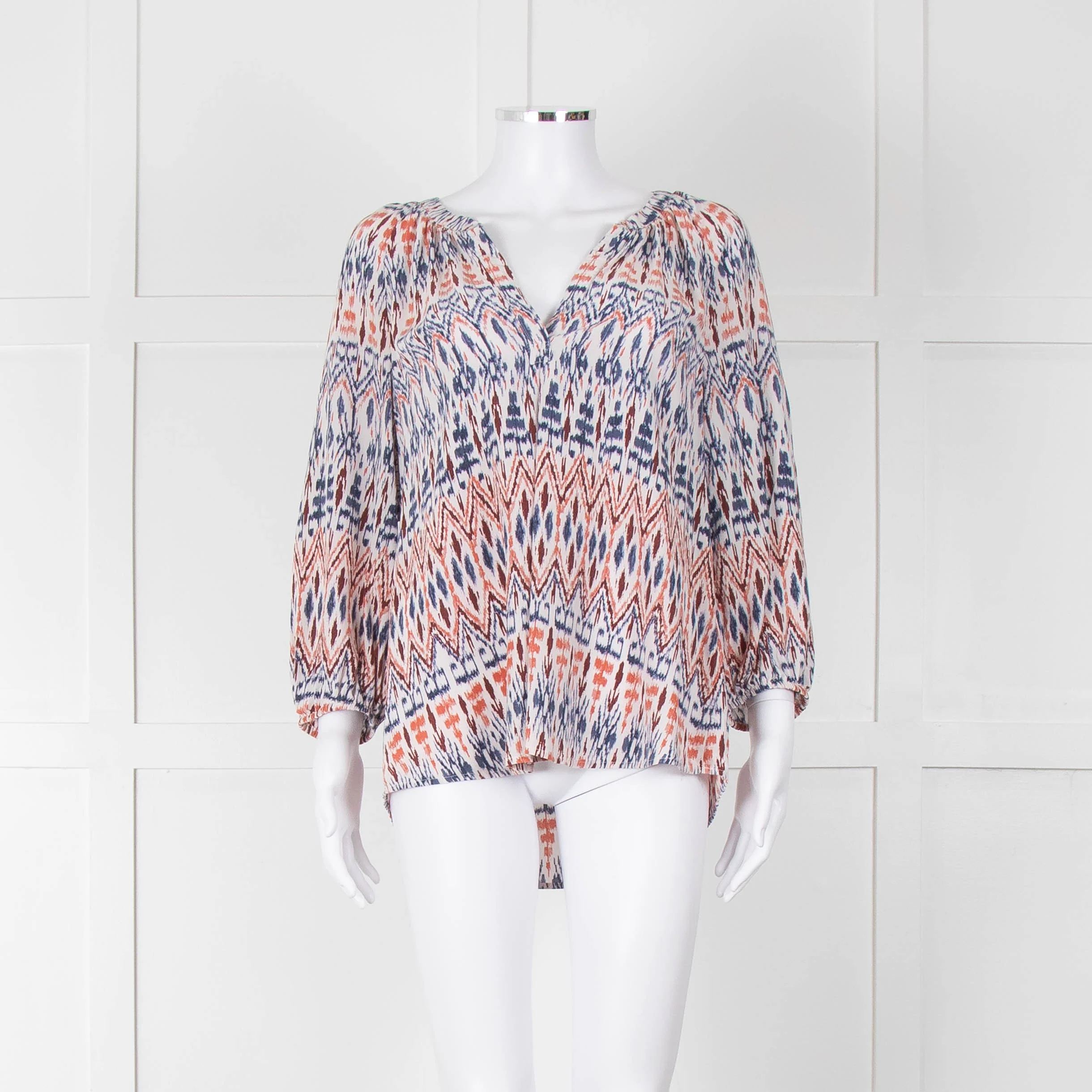 Joie White Blue Silk Aztek Print Long Sleeve Top