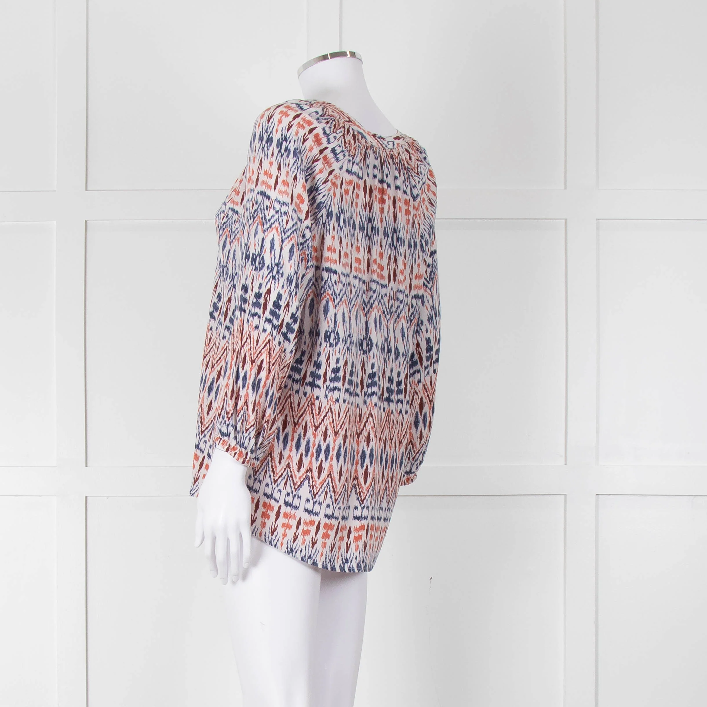 Joie White Blue Silk Aztek Print Long Sleeve Top - Image 6