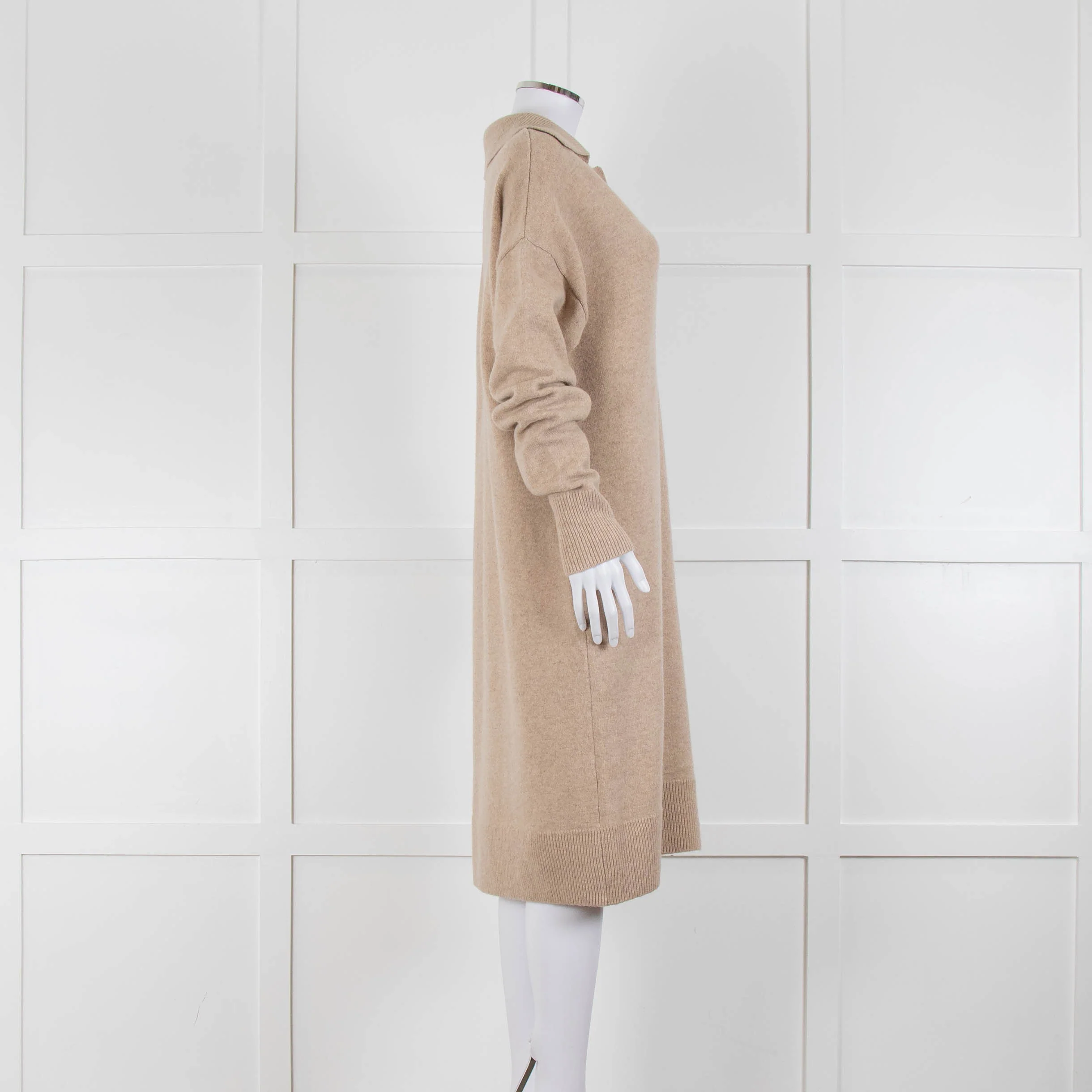 Joseph Beige Wool Polo V Neck Long Sleeve Dress - Image 3