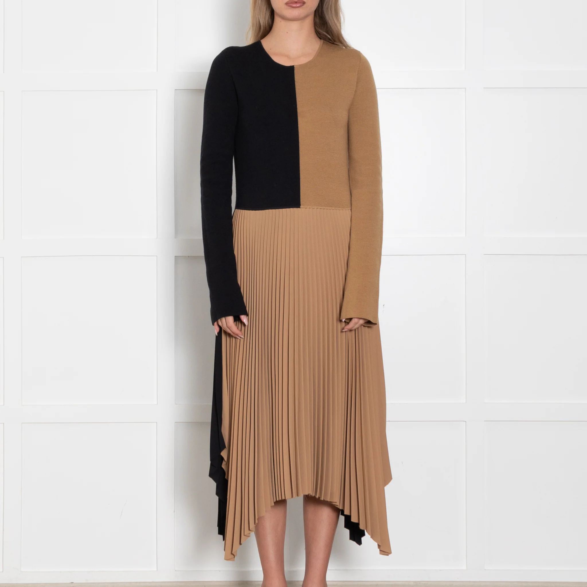 Joseph Black and Tan Knit Dress with Pleated Skirt - Image 2