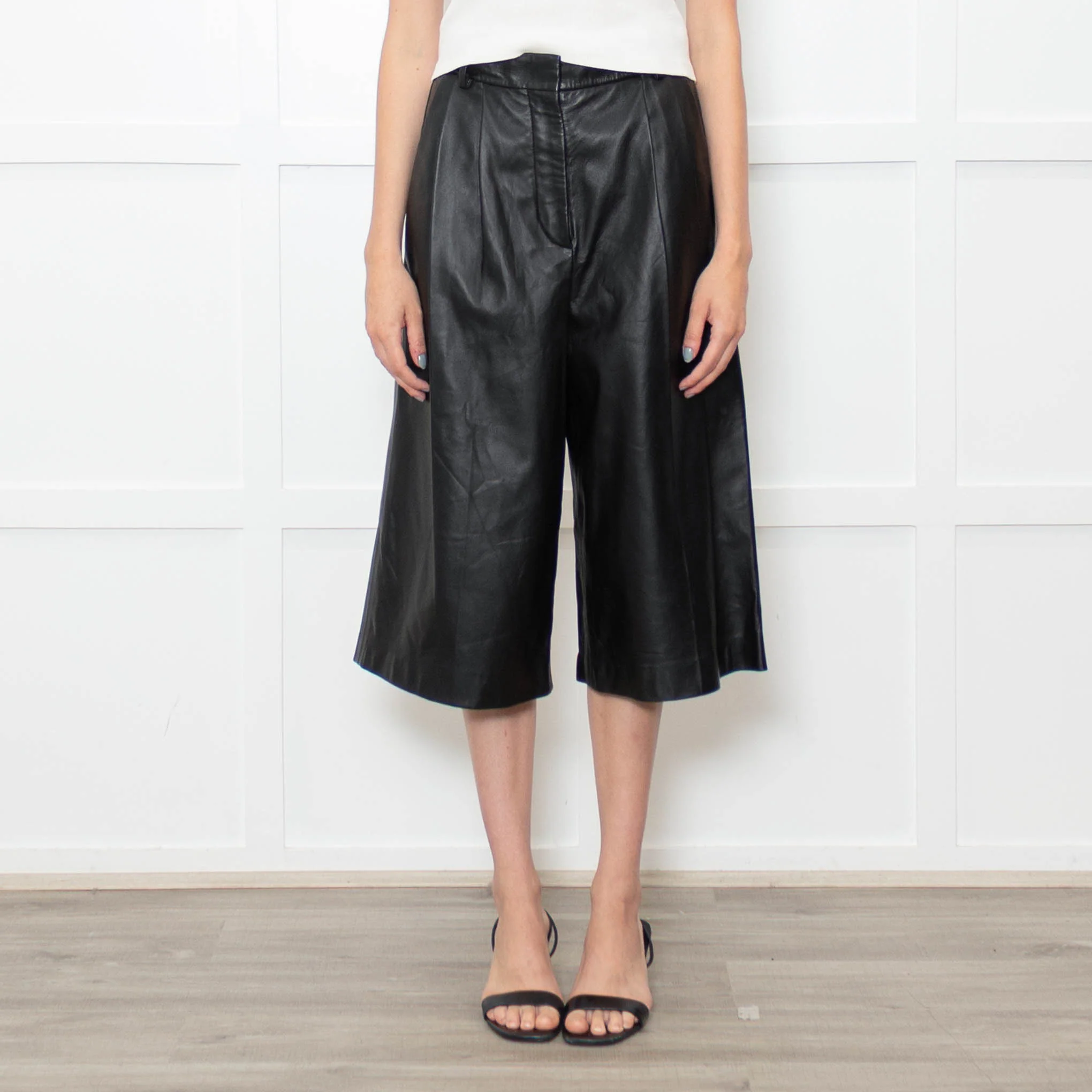 Joseph Black Leather Pleated Culottes - Image 2