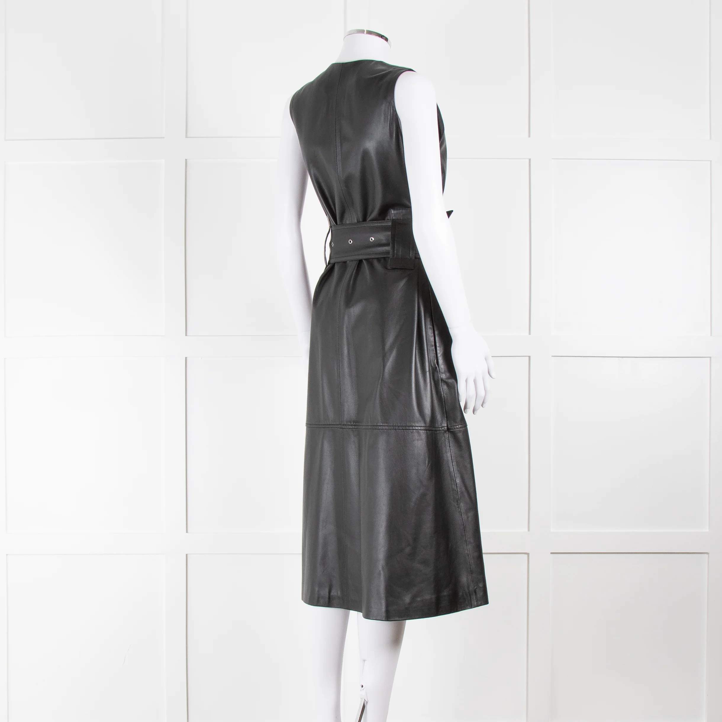 Joseph Black Nappa Leather Belted Sleeveless Dress - Image 4