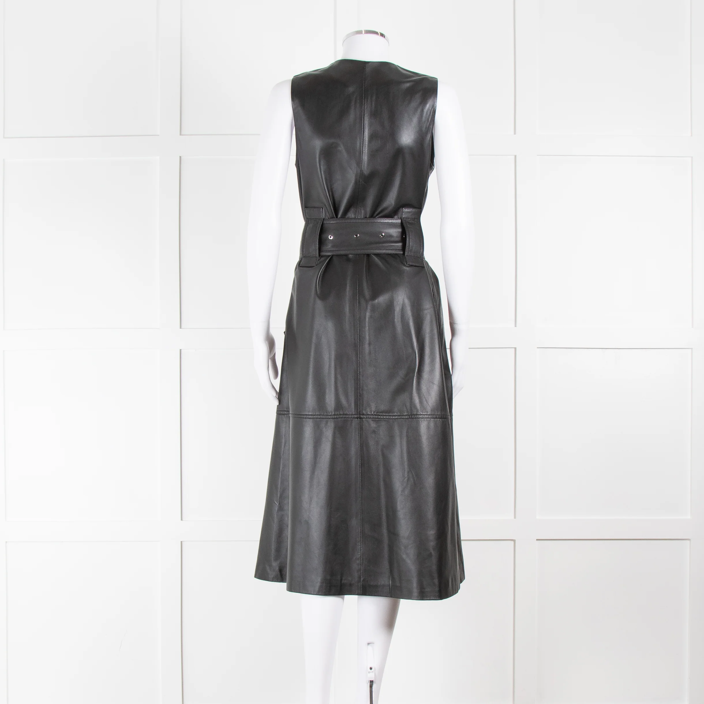 Joseph Black Nappa Leather Belted Sleeveless Dress - Image 5