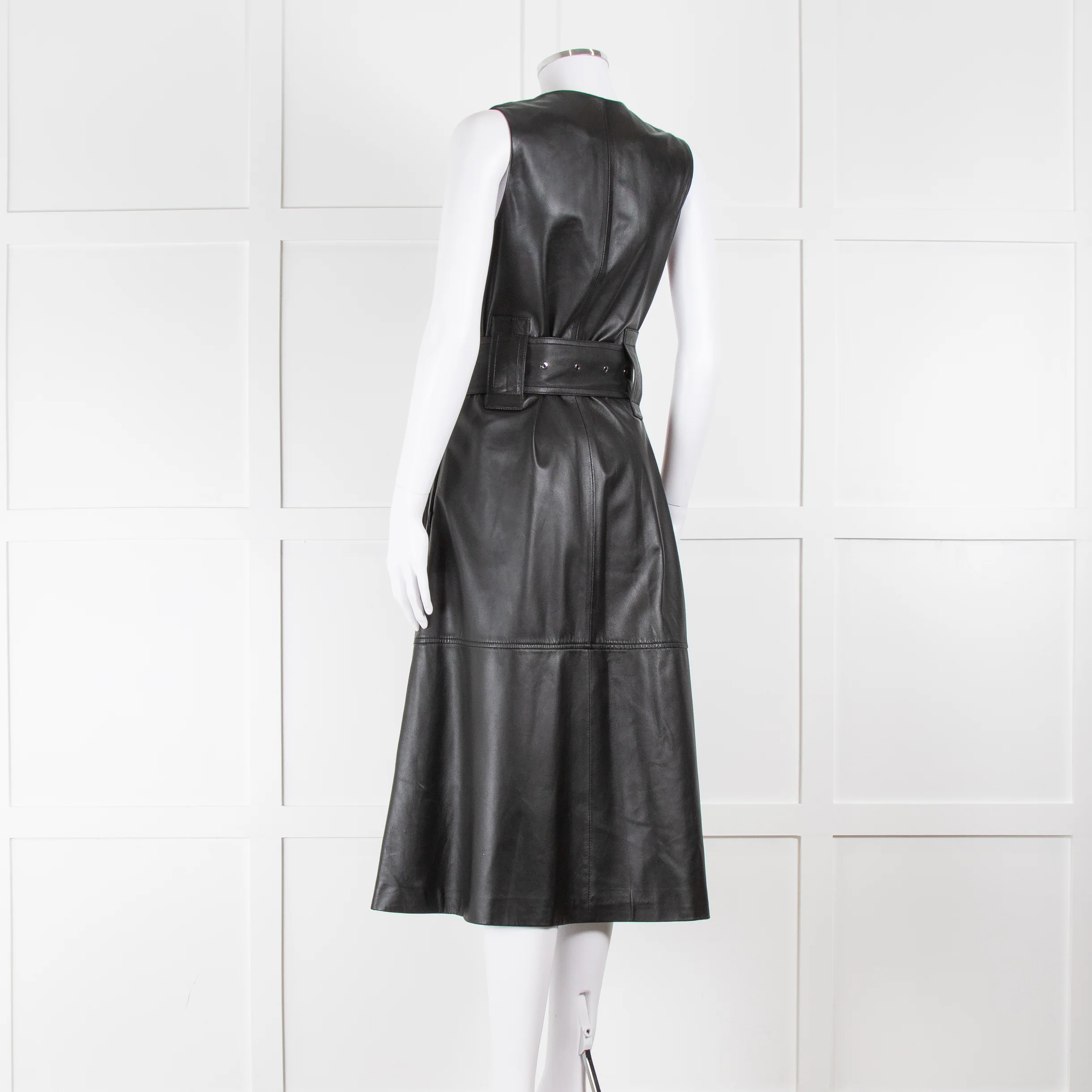 Joseph Black Nappa Leather Belted Sleeveless Dress - Image 6