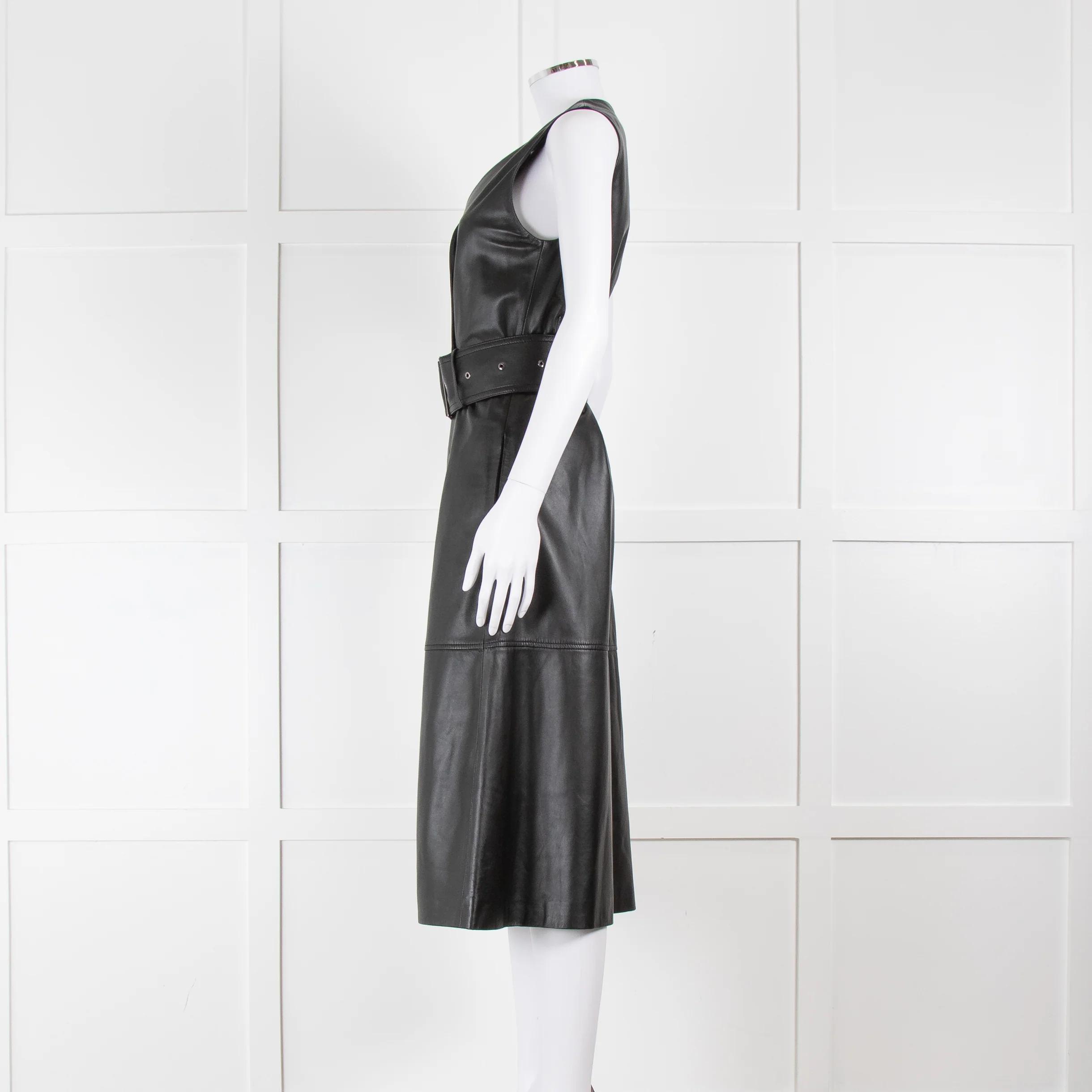Joseph Black Nappa Leather Belted Sleeveless Dress - Image 7