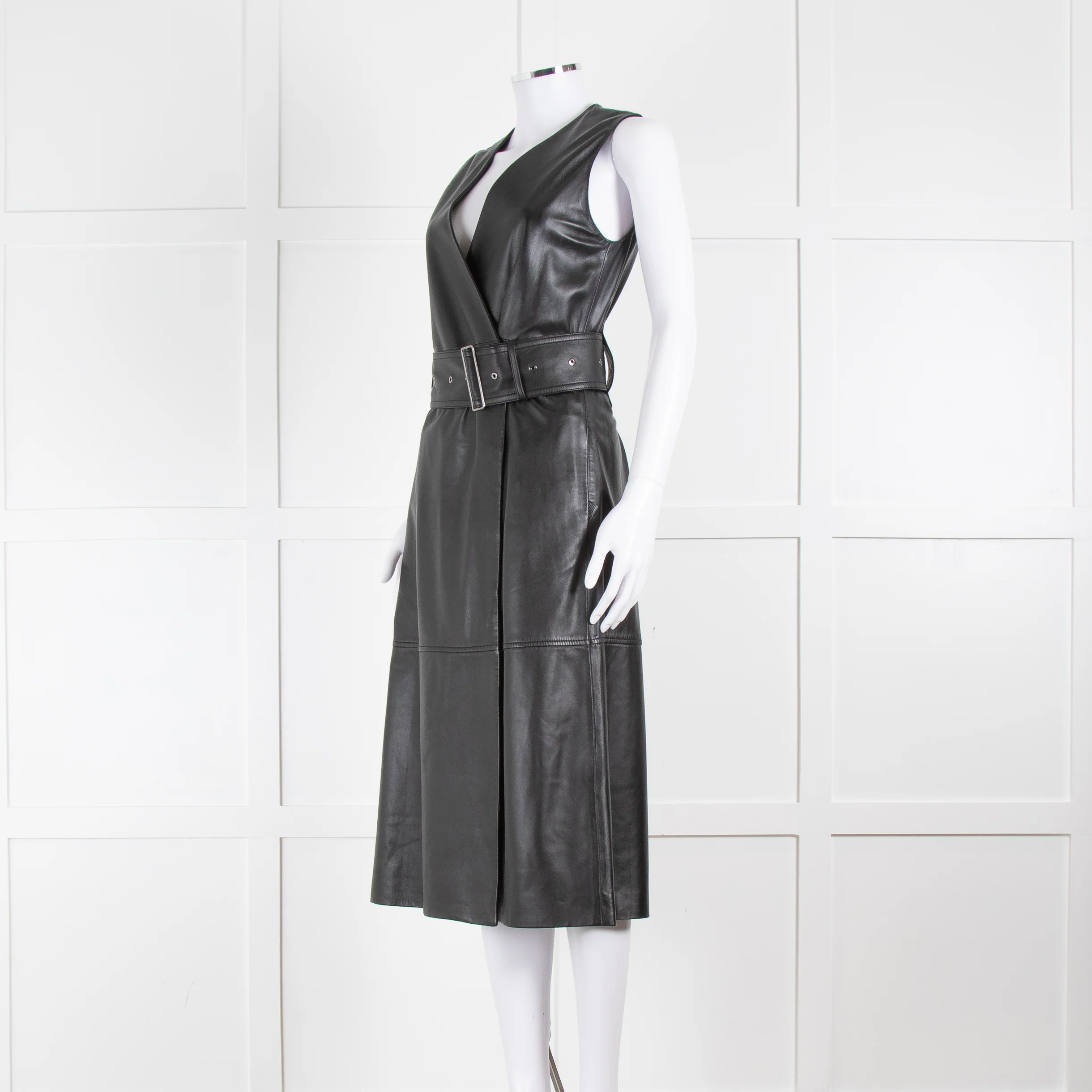Joseph Black Nappa Leather Belted Sleeveless Dress - Image 8