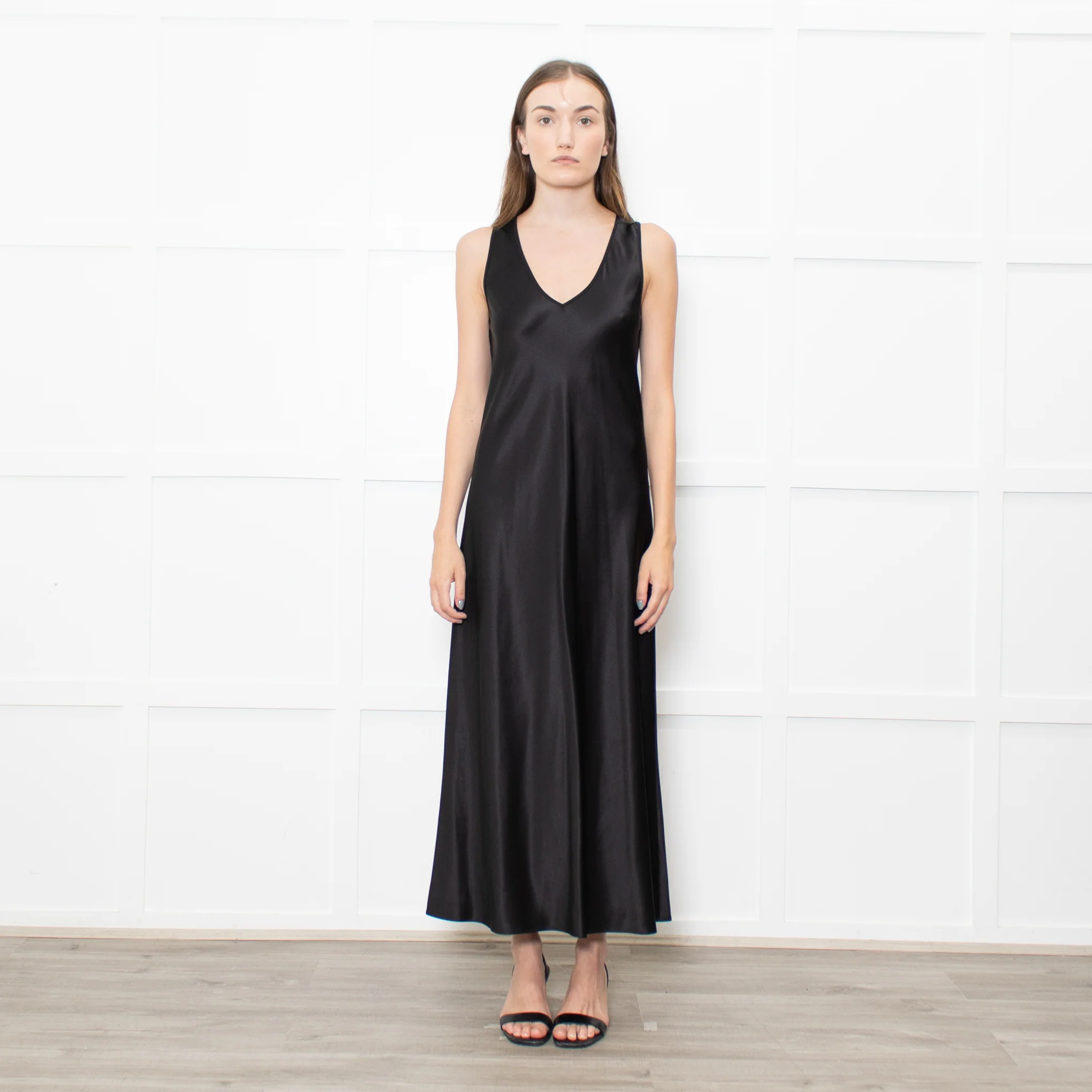 Joseph Black Satin V Neck Long Sleeveless Dress