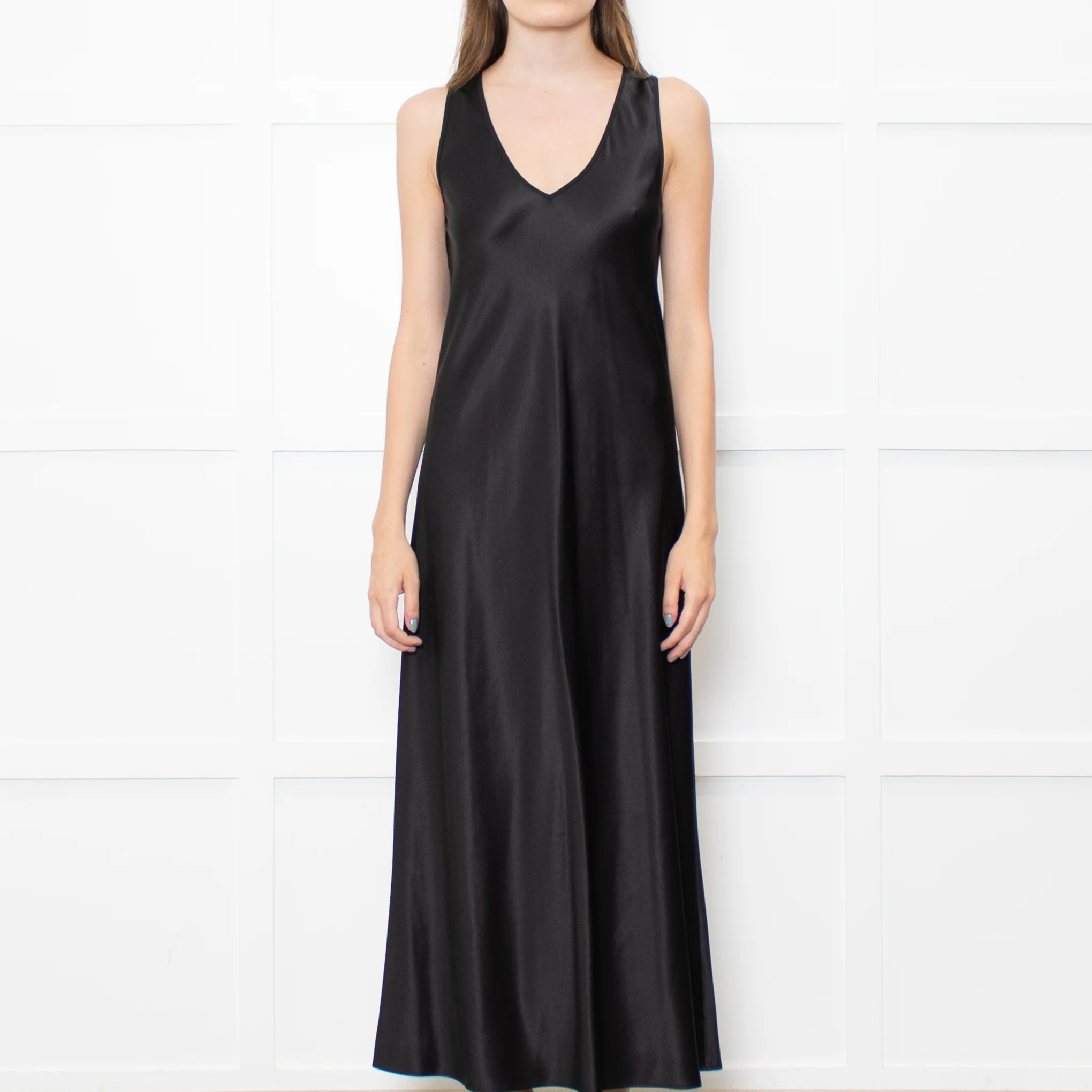 Joseph Black Satin V Neck Long Sleeveless Dress - Image 2